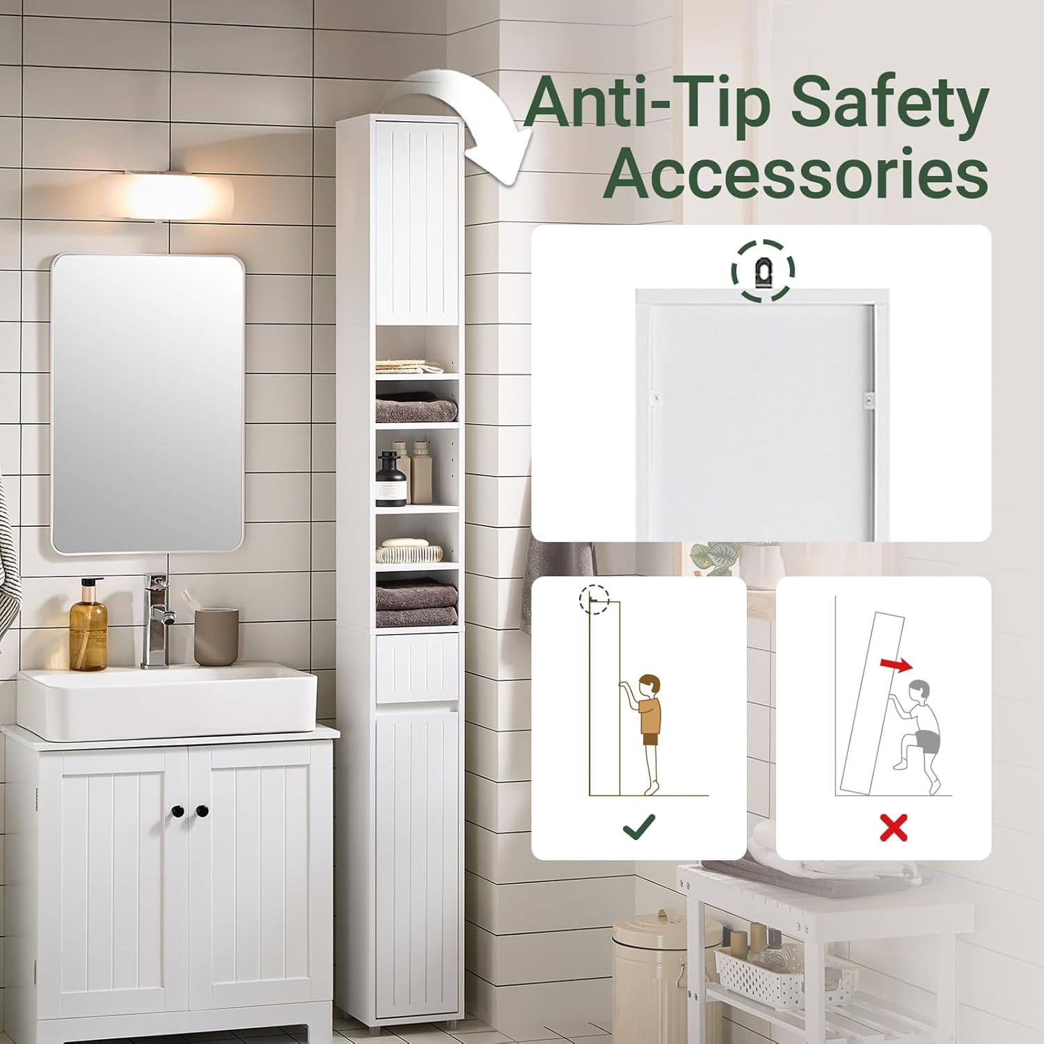 Slim Tall Bathroom Storage Cabinet White Drawer Shelves Unit