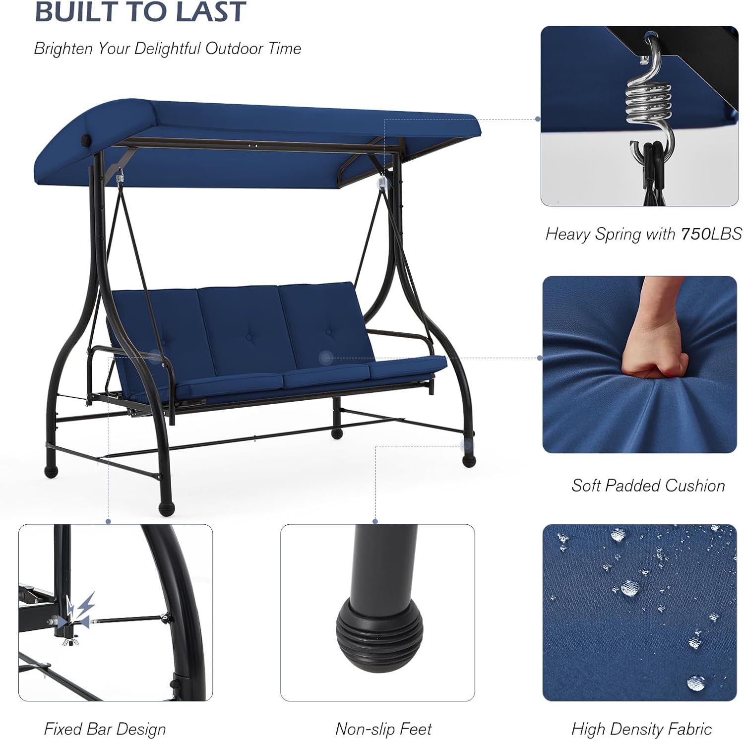 3 Seater Garden Swing Bed Blue Canopy Cushion Steel