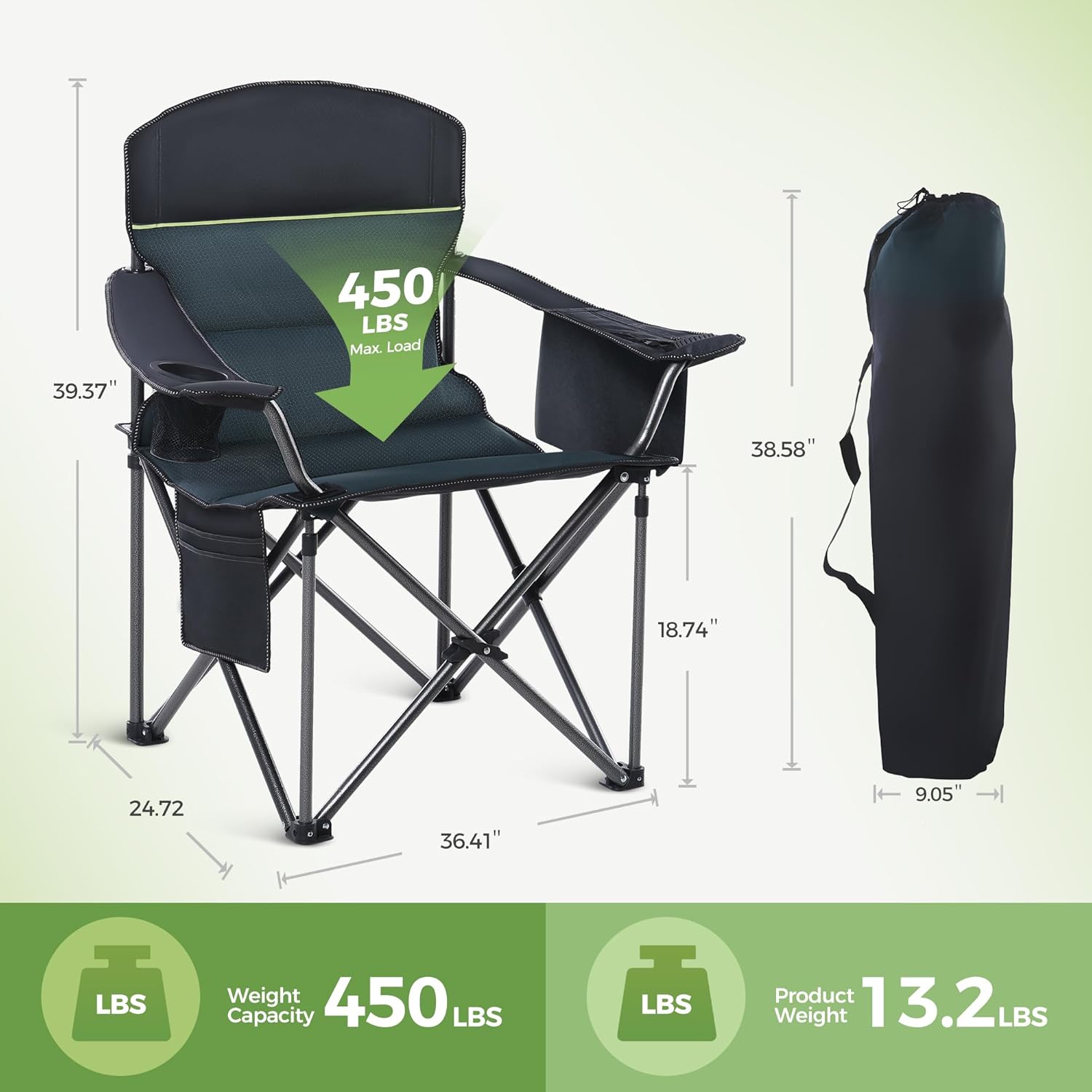 XXL Heavy Duty Folding Camping Chair 200kg Cooler Green