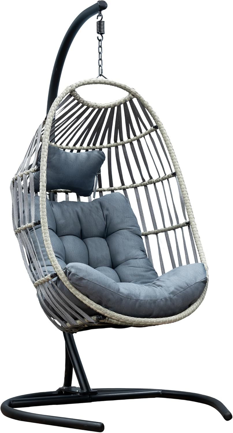 Hanging Egg Chair with Stand Grey Rattan Cushion Set