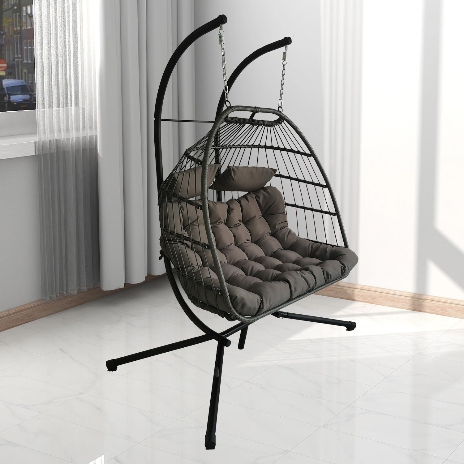 Double Rattan Swing Chair with Stand Cushion Grey