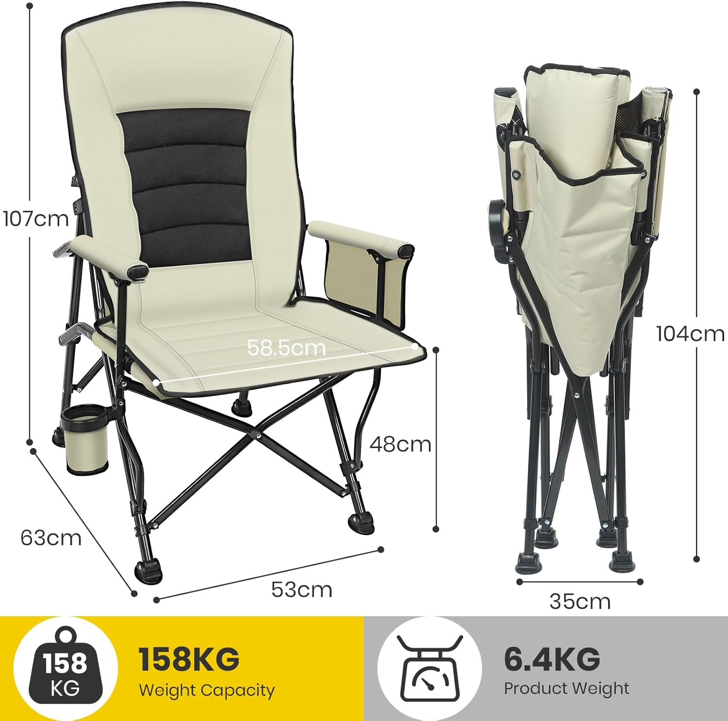 Adjustable Reclining Camping Chair with Lumbar Support Beige