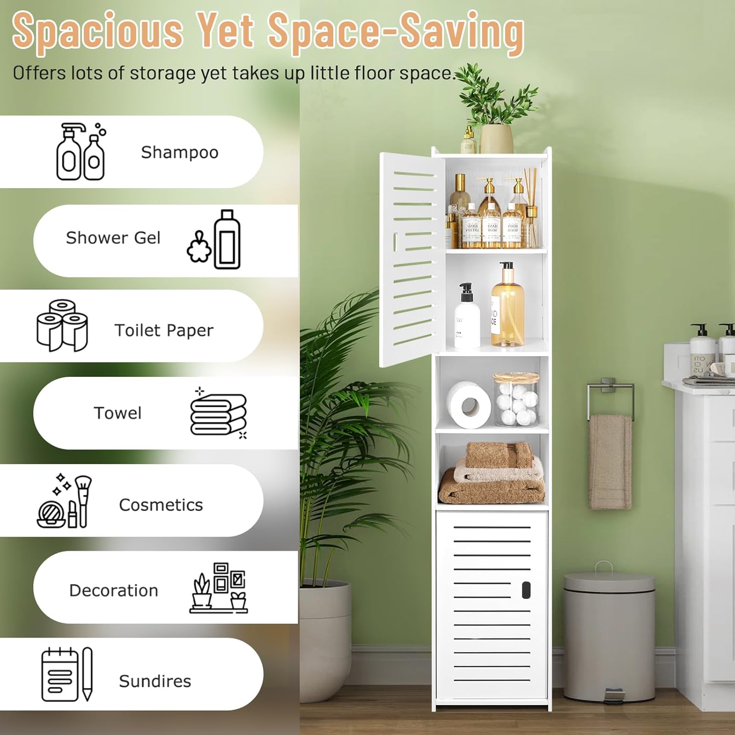 Tall Slim Bathroom Storage Cabinet 5 Tier Free Standing Shelf White