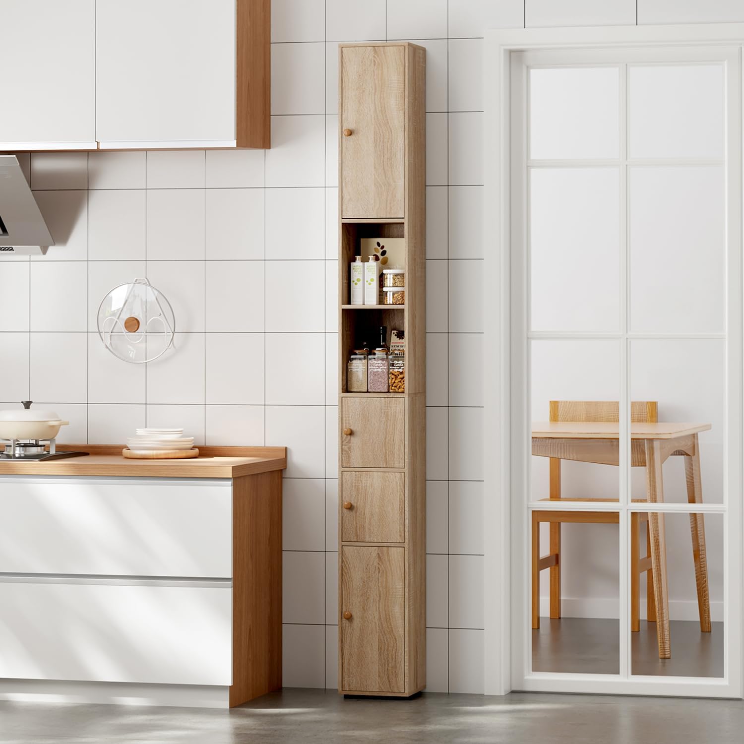 Tall Slim Bathroom Storage Cabinet 4 Doors Maple 180cm