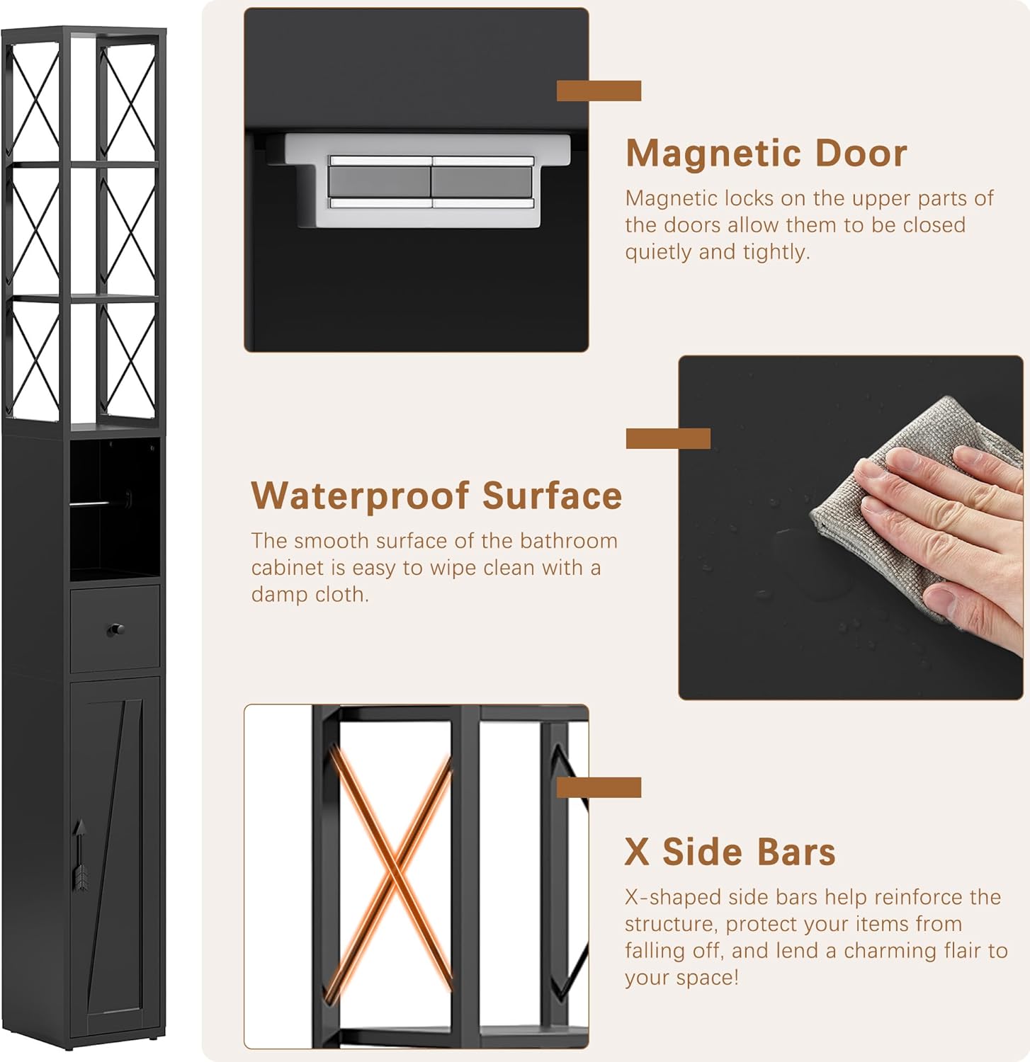 Slim Bathroom Tall Cabinet Door Drawer Shelf Unit Black