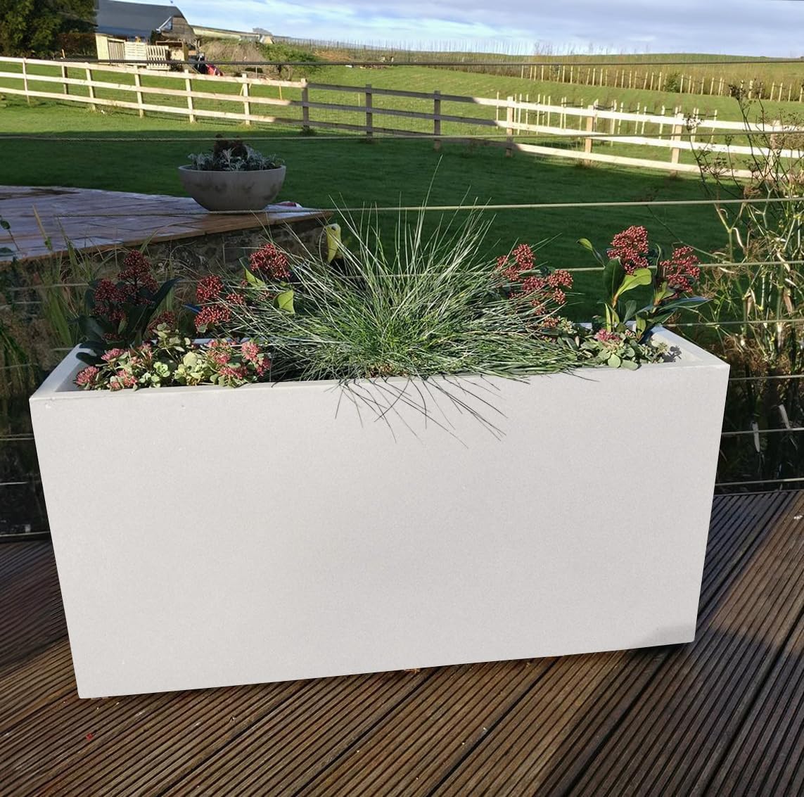 85cm Large Trough Planter White Stone Effect Outdoor Garden Pot
