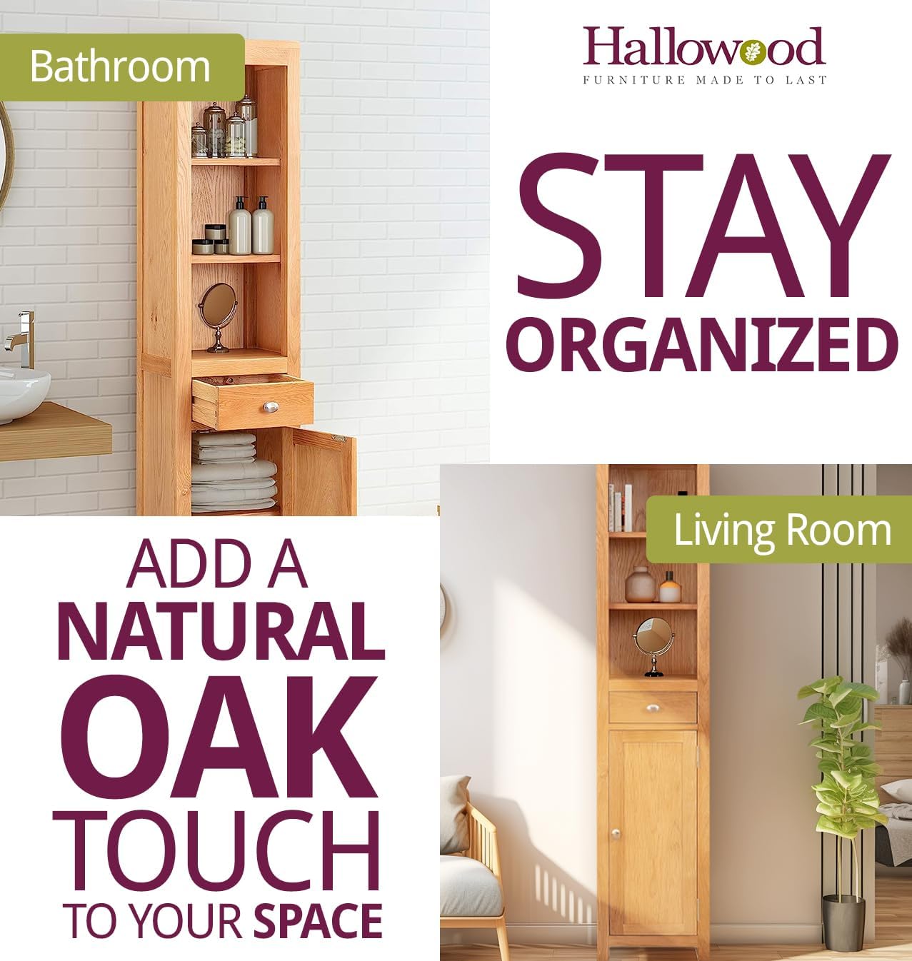 Solid Oak Tall Bathroom Storage Cabinet Drawer Shelf Unit