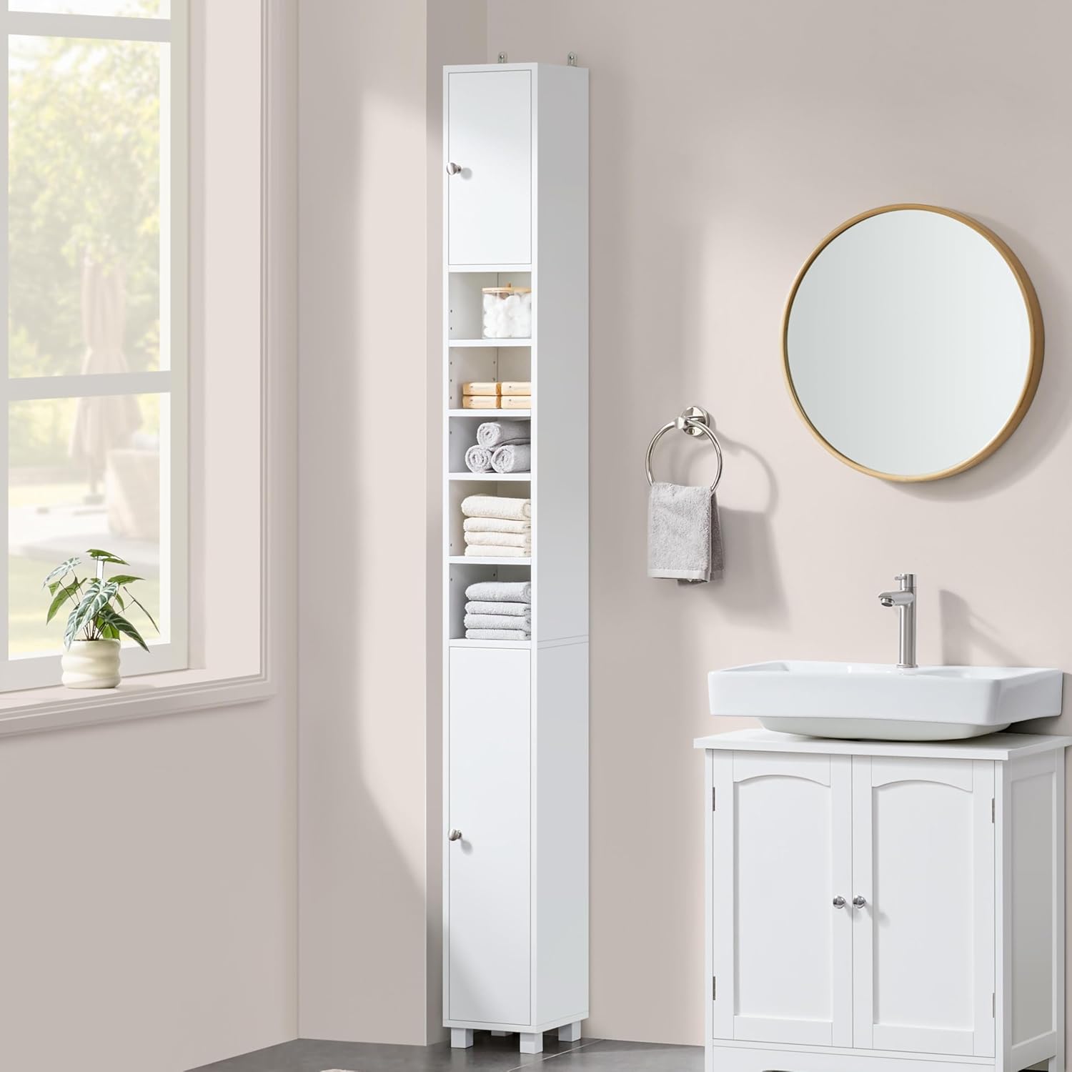 Tall Slim Bathroom Storage Cabinet 6 Adjustable Shelves White 181cm