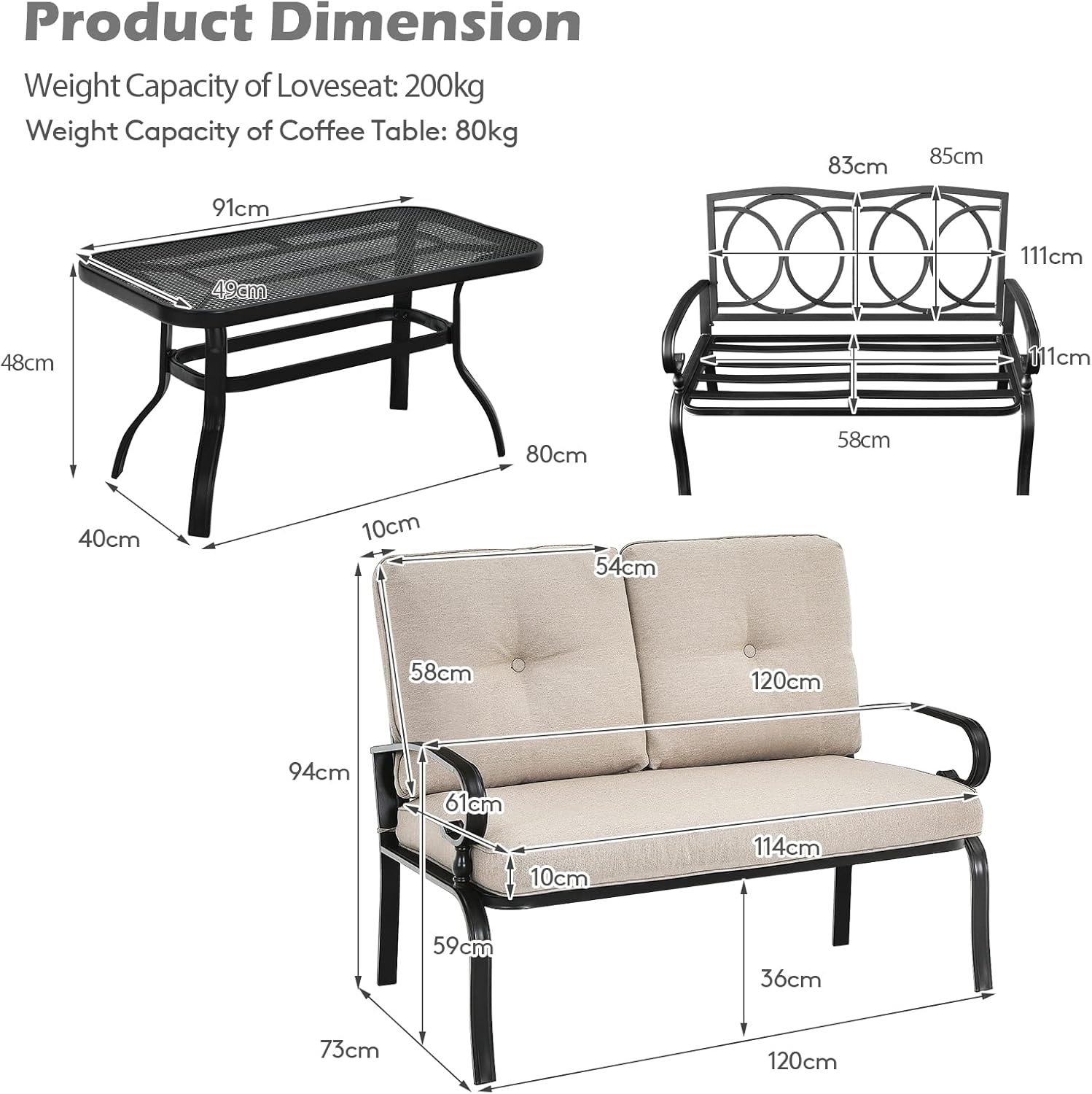 2 Seater Garden Loveseat with Coffee Table Cushioned Patio Set