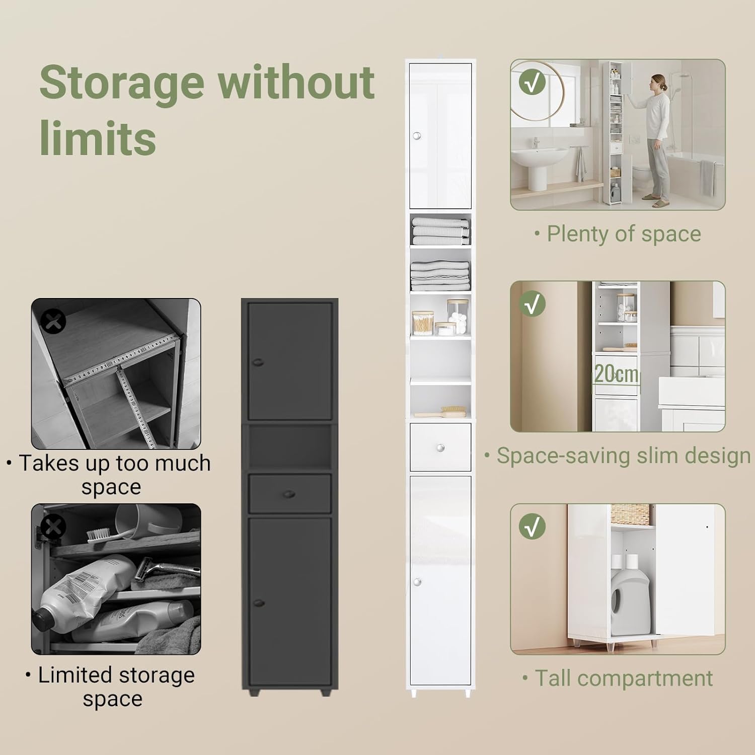Slim Tall Bathroom Cabinet High Gloss White Drawer 180cm