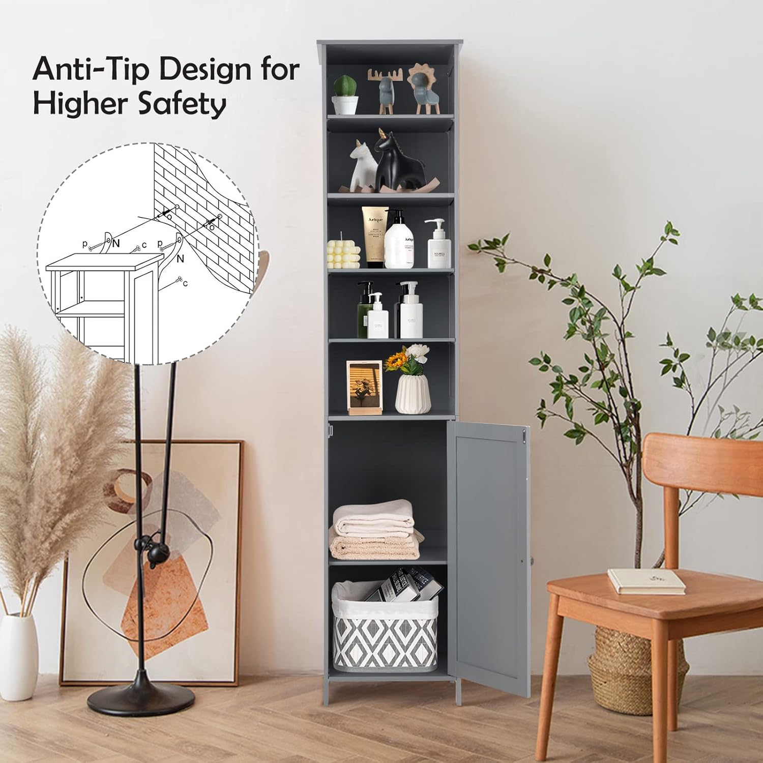 Slim Tall Bathroom Storage Cabinet 5 Shelf Cupboard Grey