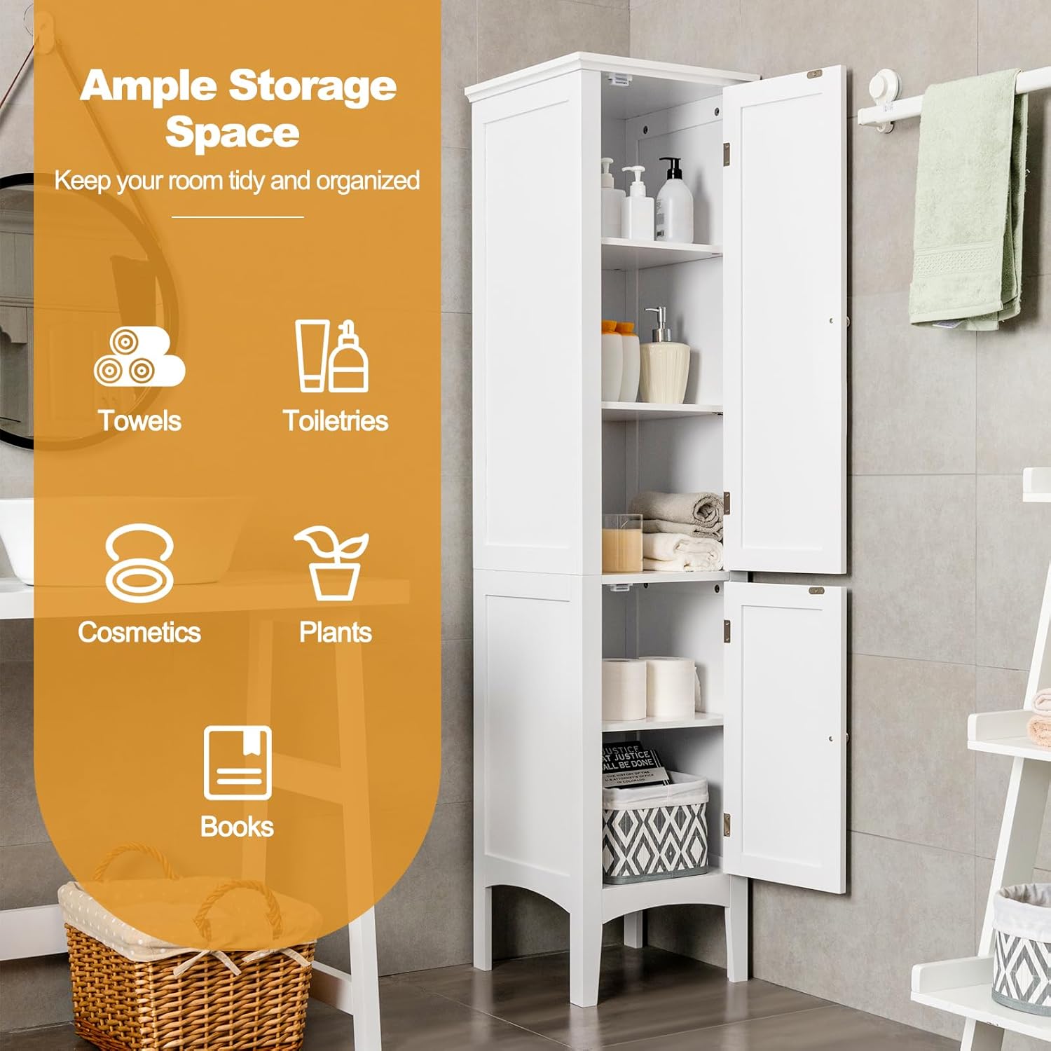 Tall Slim Storage Cabinet White 5 Tier 2 Door Cupboard