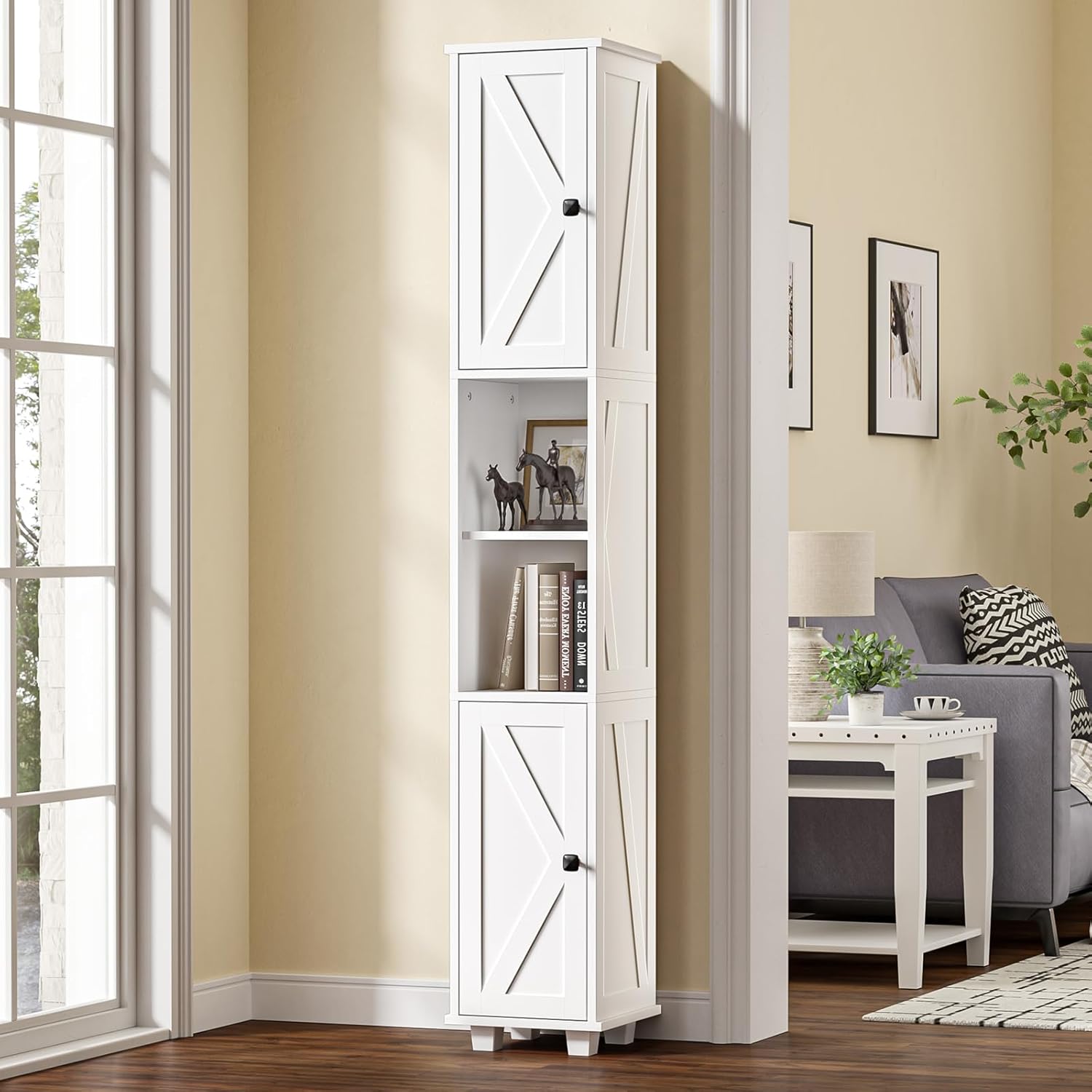 Slim Tall Storage Cabinet 6 Shelf 2 Door Unit White