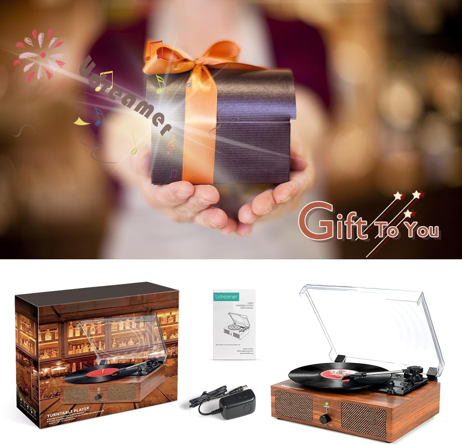 3-Speed Belt-Drive Vinyl Turntable with Built-in Speakers & USB