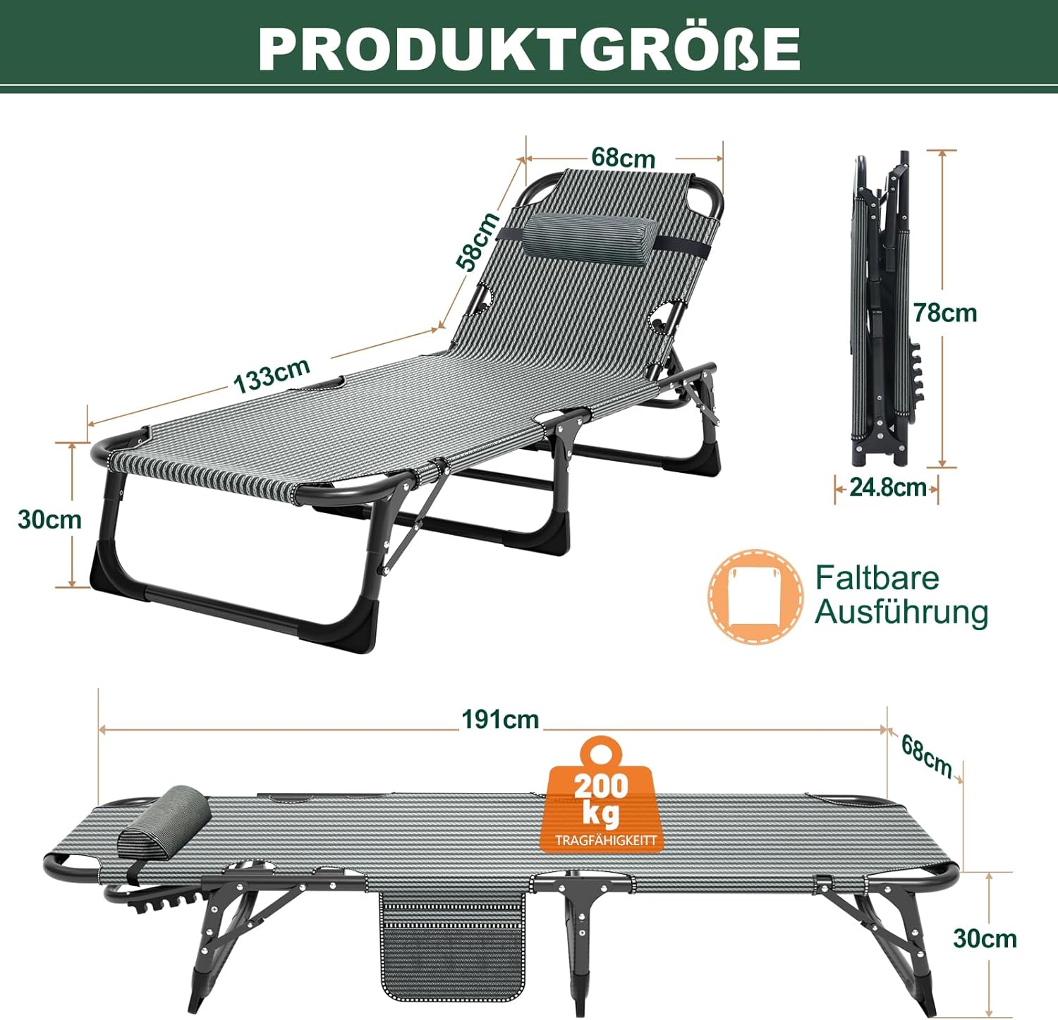 Folding Sun Lounger Guest Bed 5 Position 200kg Light Grey