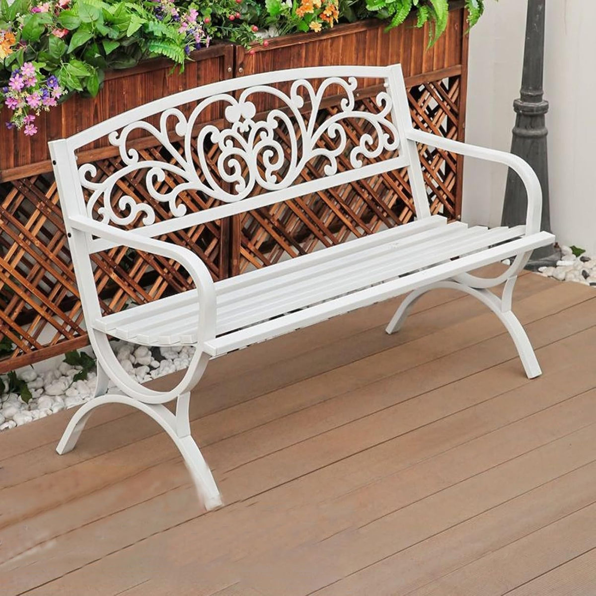 Outdoor Garden Bench Metal Patio Park Bench with Armrests Floral Back