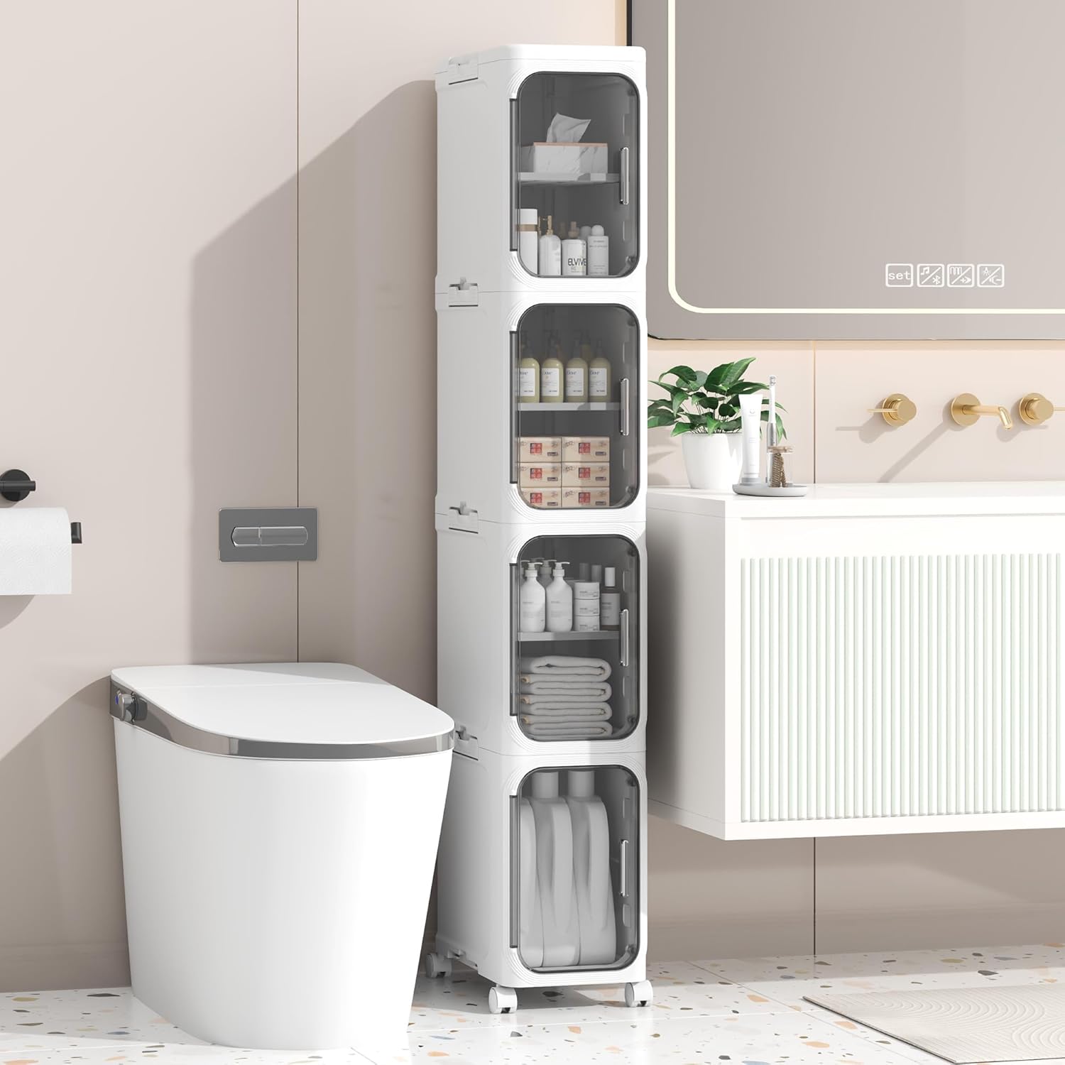 Slim Bathroom Storage Trolley Cabinet with Wheels 4 Tier White
