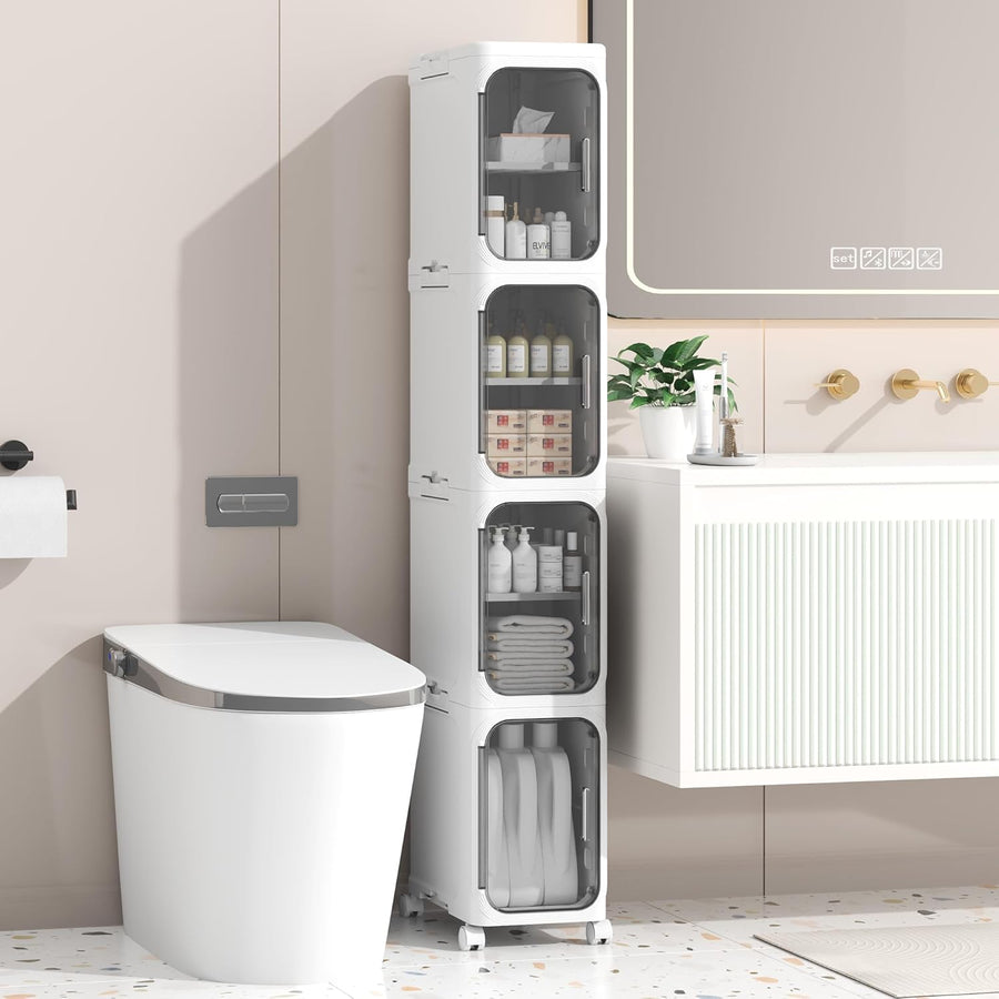 Slim Bathroom Storage Trolley Cabinet with Wheels 4 Tier White