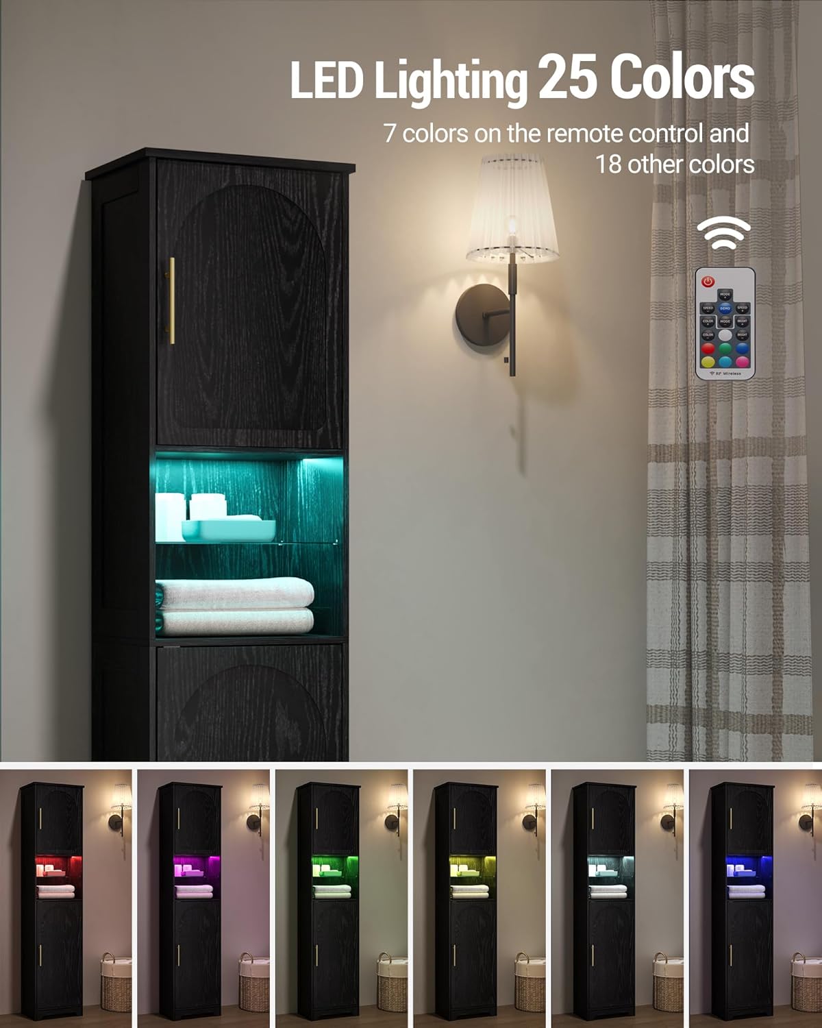LED Tall Bathroom Storage Cabinet 2 Door Black 170cm