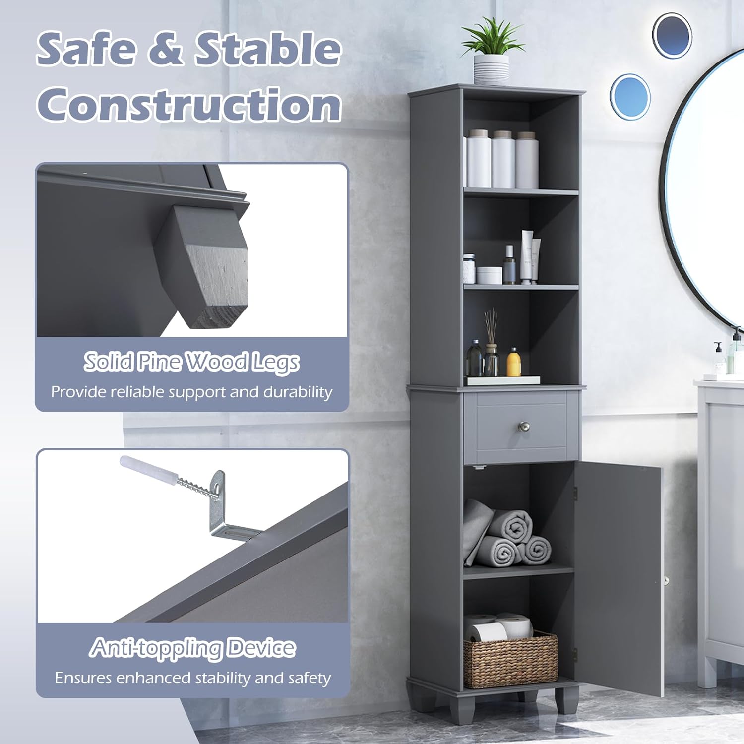 Slim Tall Storage Cabinet Grey Drawer Shelf Door Unit