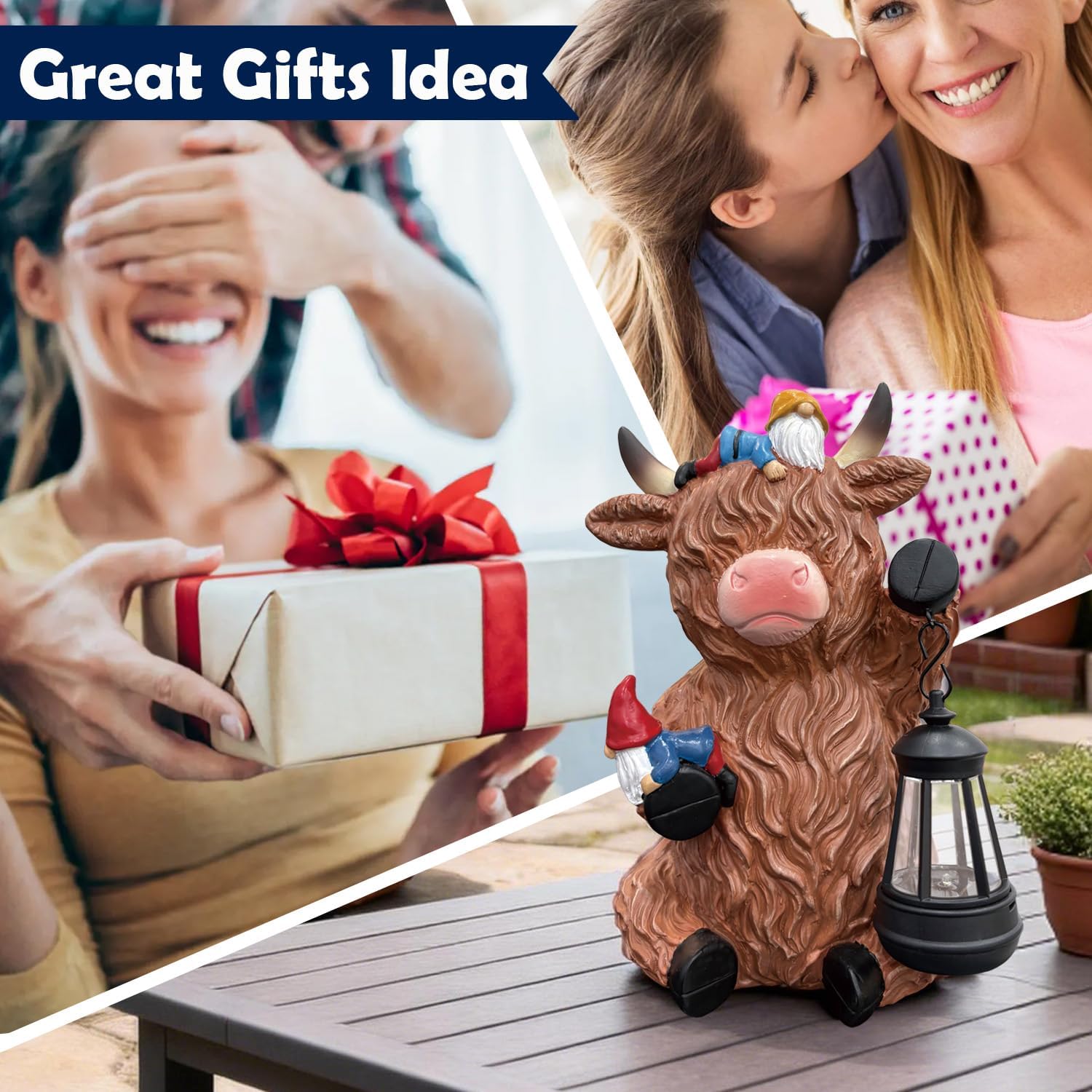 Solar Highland Cow Gnome Statue Lantern Outdoor Garden Decor