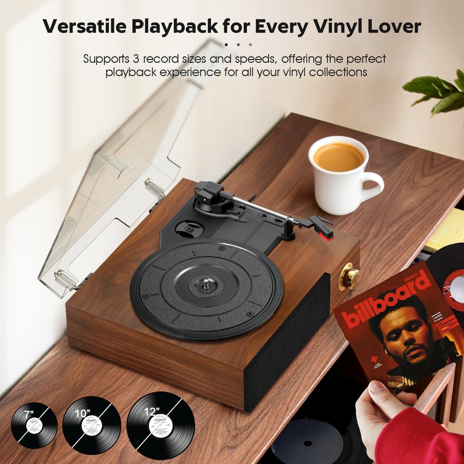 Bluetooth Vinyl Record Player 3 Speed Built In Speakers Walnut