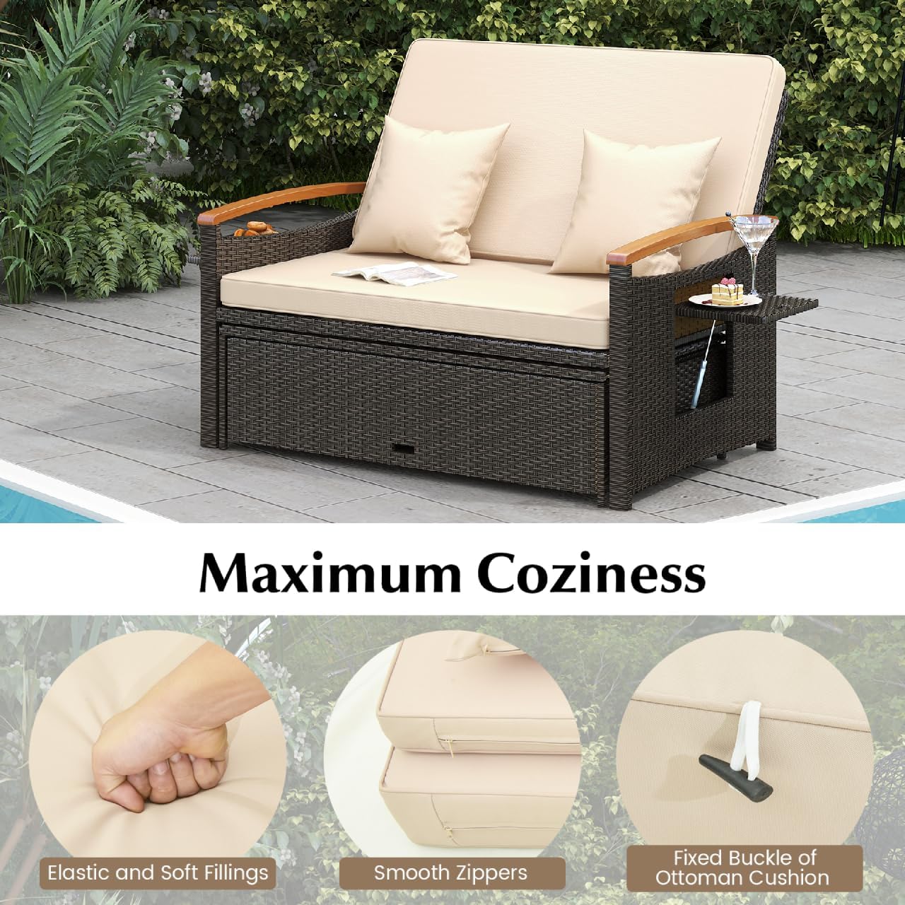 Double Rattan Daybed Wicker Sun Lounger Beige