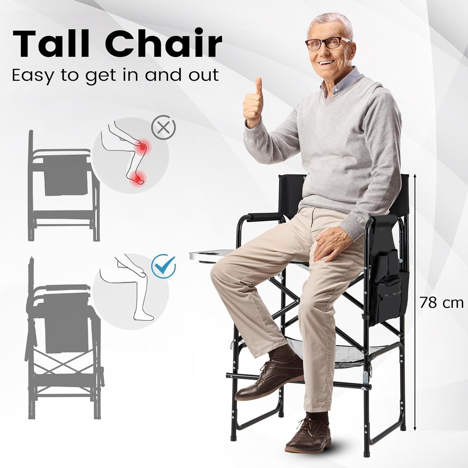 Tall Folding Directors Chair with Side Table Footrest