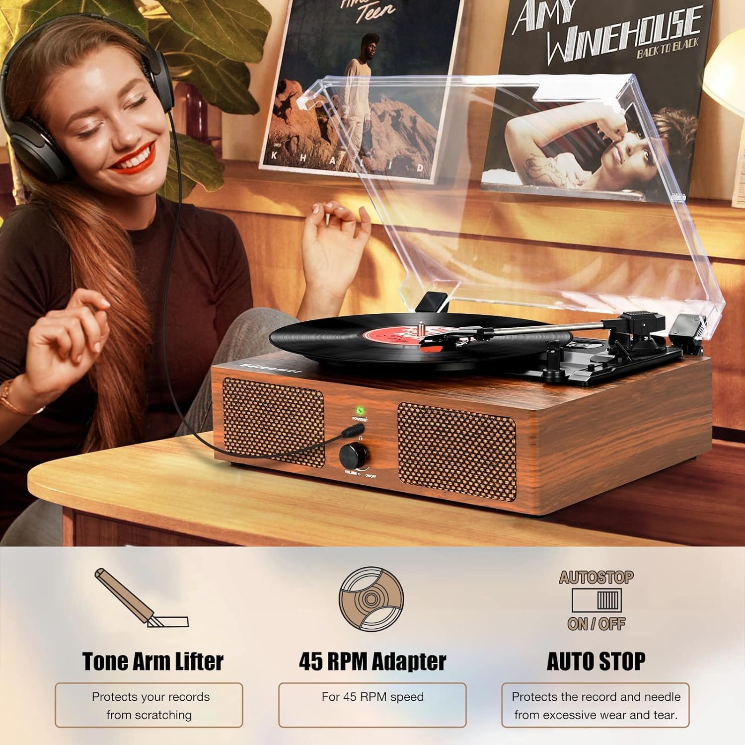 3-Speed Belt-Drive Vinyl Turntable with Built-in Speakers & USB