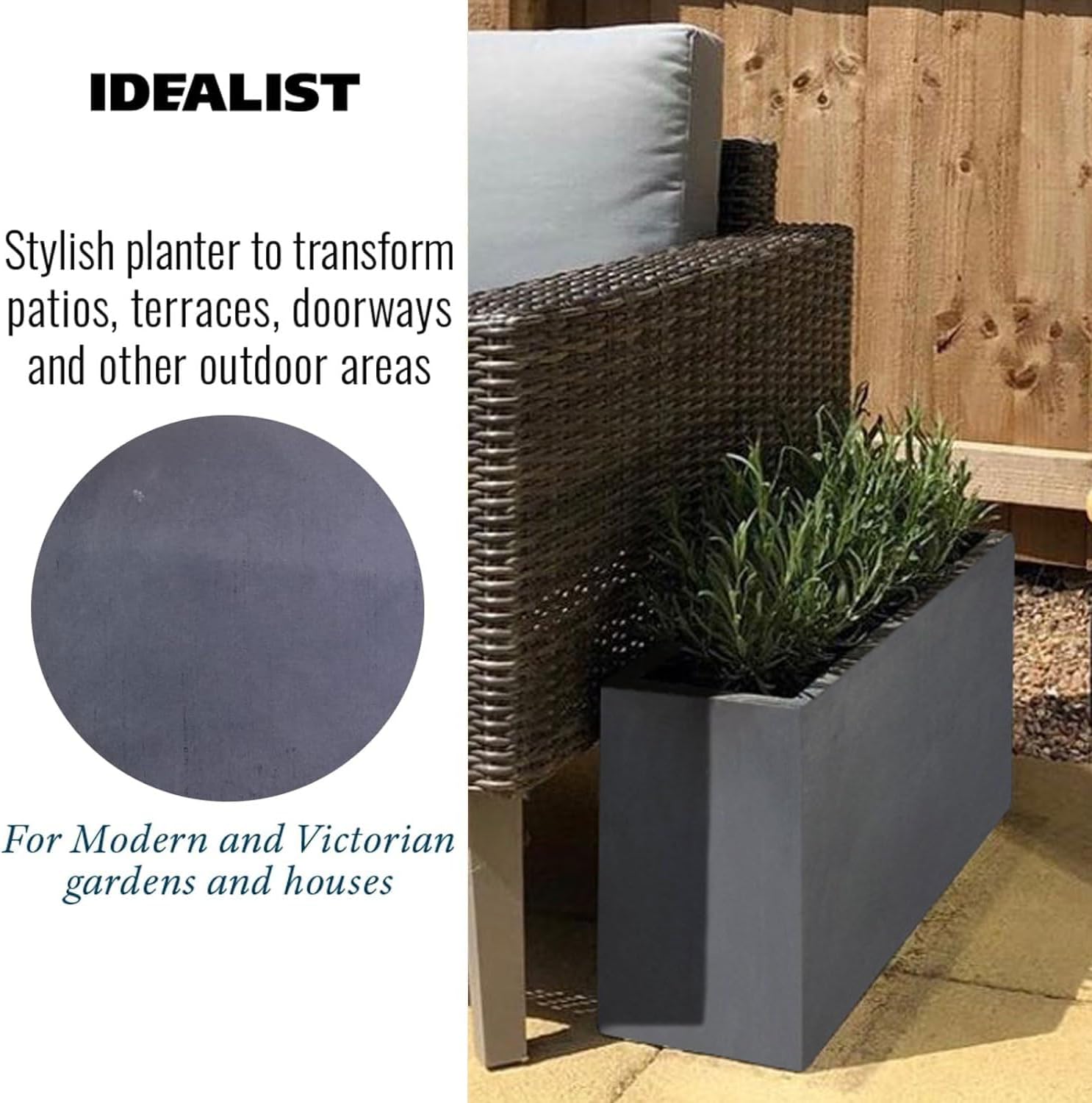 50cm Trough Planter Dark Grey Stone Effect Outdoor Plant Pot Box