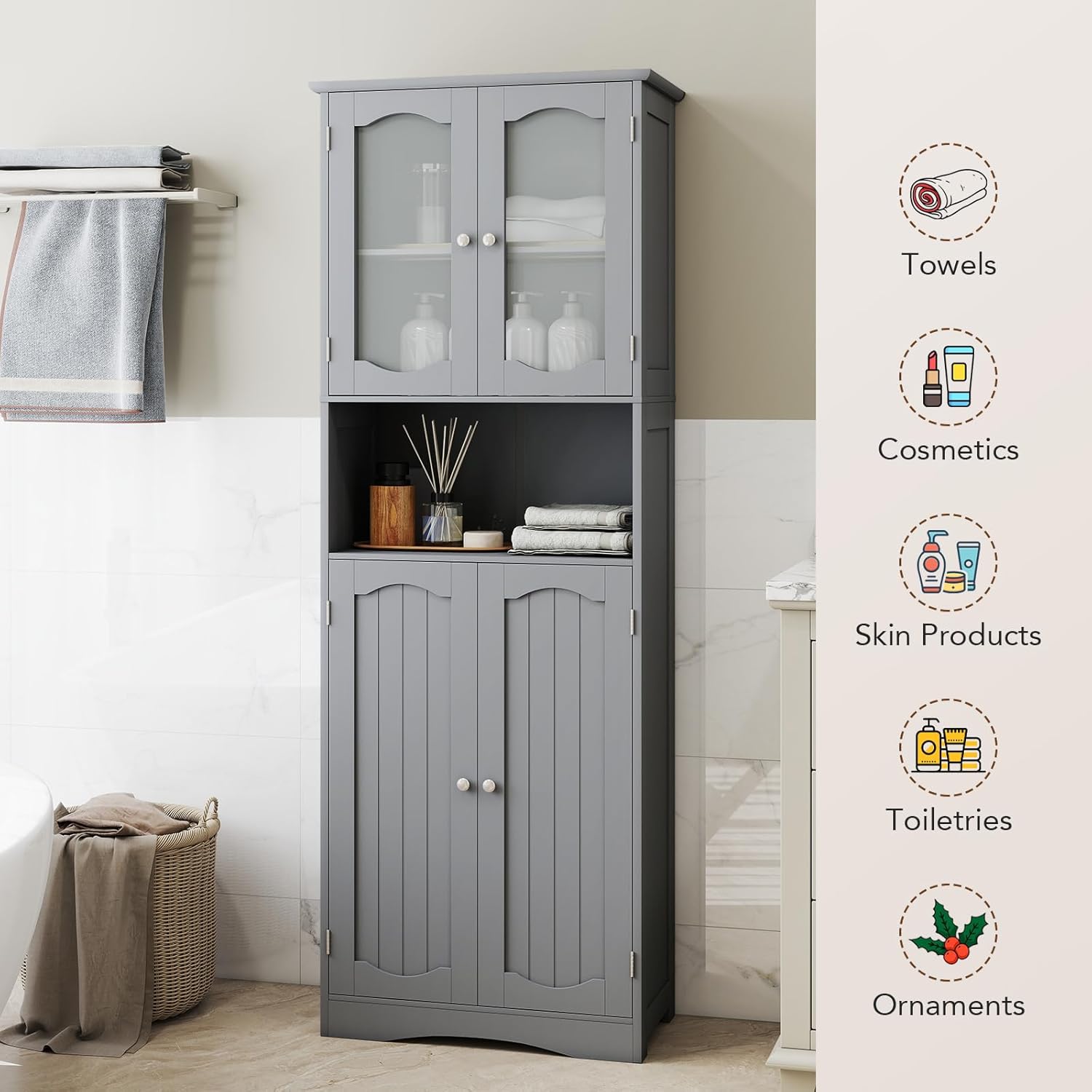 Tall Grey Storage Cabinet Frost Glass Door Shelf Unit
