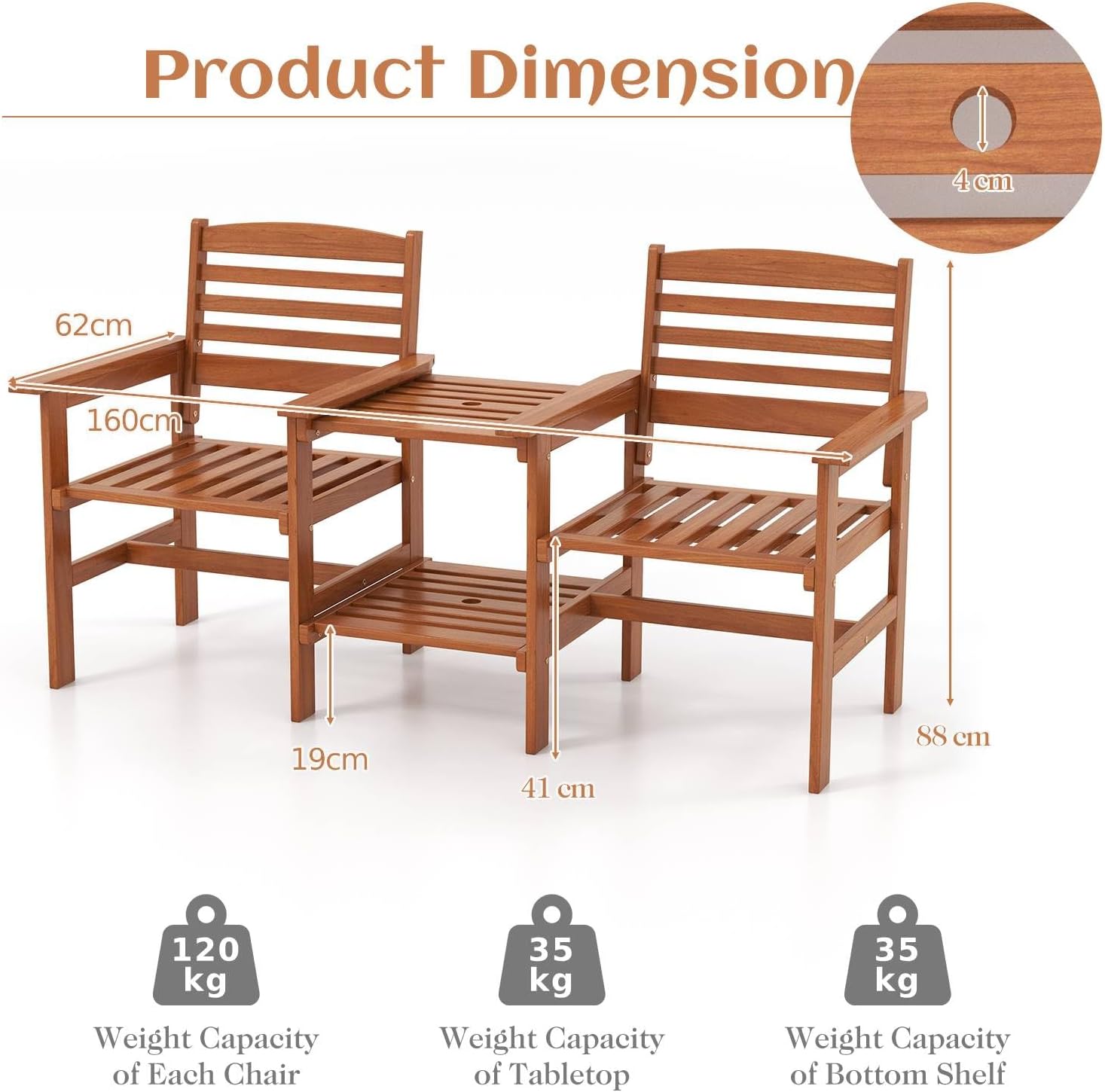 2 Seater Wooden Garden Loveseat Bench w/Table & Umbrella Hole