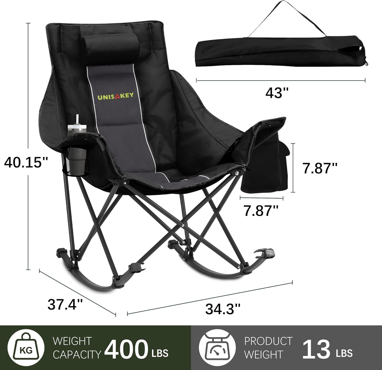 Oversized Rocking Camping Chair with Headrest 400LB Grey