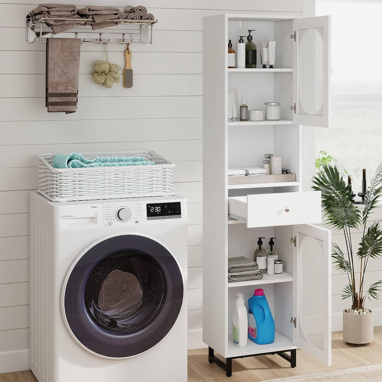 Tall Slim Storage Cabinet White Rattan Door Drawer Unit