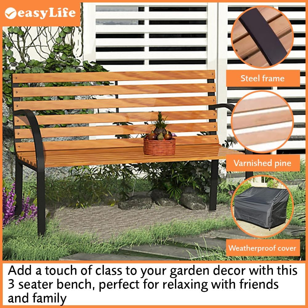 3 Seater Wooden Garden Bench Pine Outdoor Patio Seat w/Cover