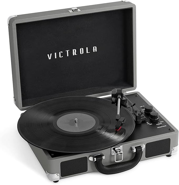 Bluetooth Suitcase Record Player 3 Speed Grey Portable