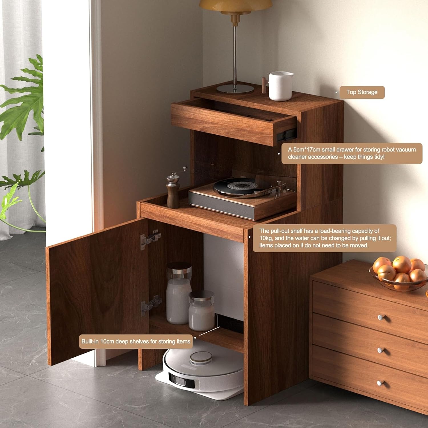 Robot Vacuum Stand Cabinet Hidden Storage Side Table Pull Out Shelf