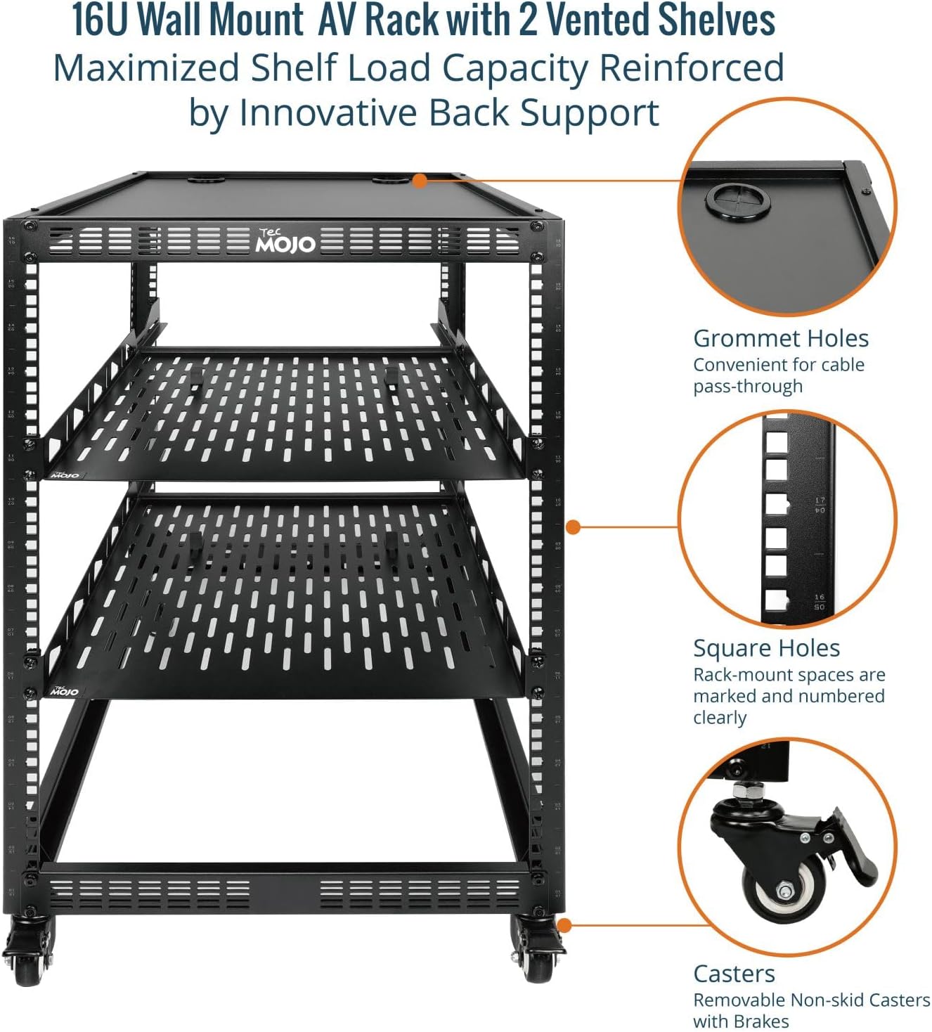 16U Open Frame Mobile Server Rack 4 Post Black