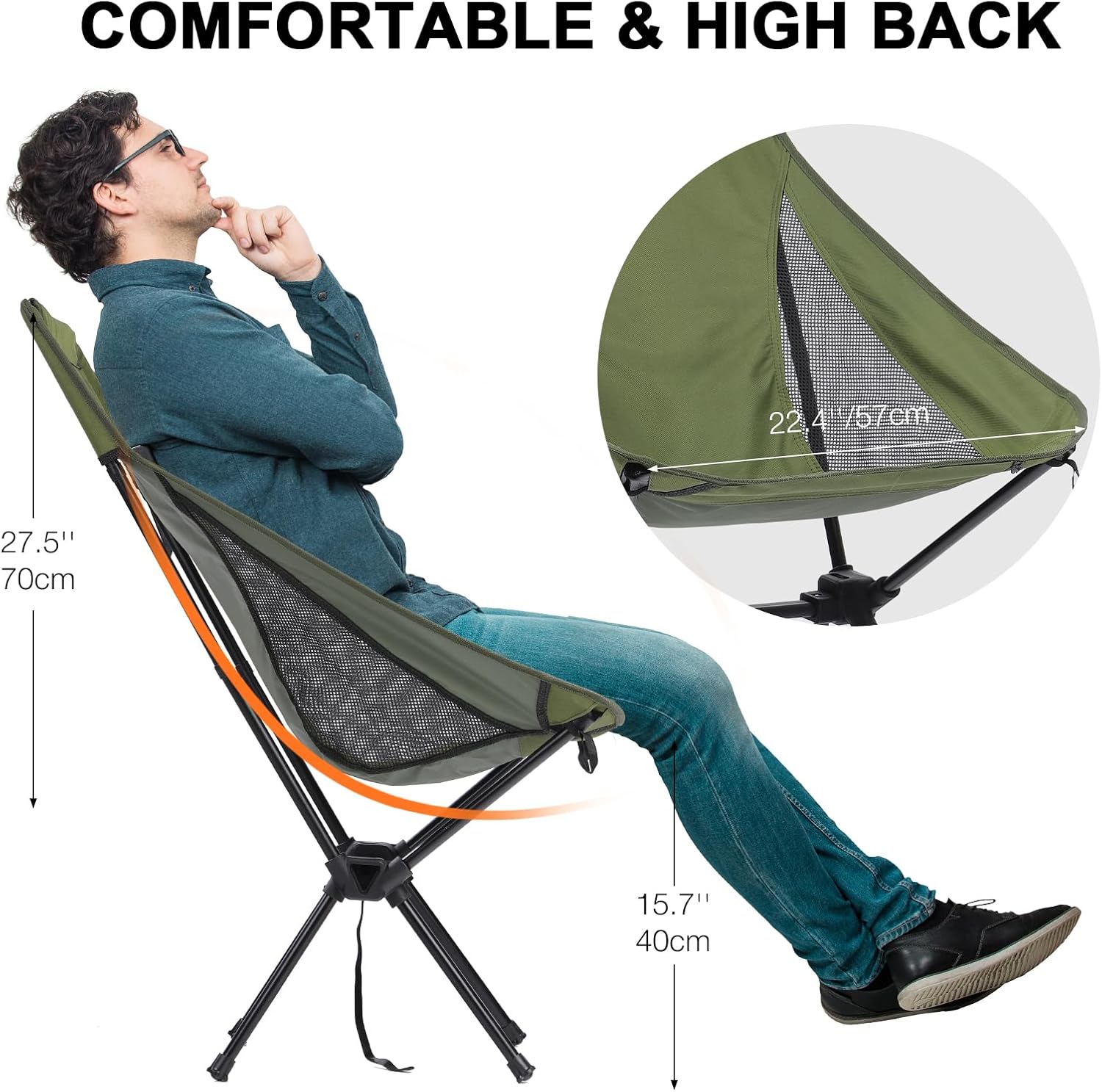 High Back Camping Chair Lightweight Folding Seat Green