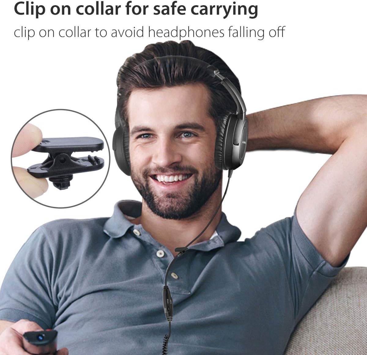 Wired TV Headphones Long Coiled Cable 16.4FT Over Ear Volume Control