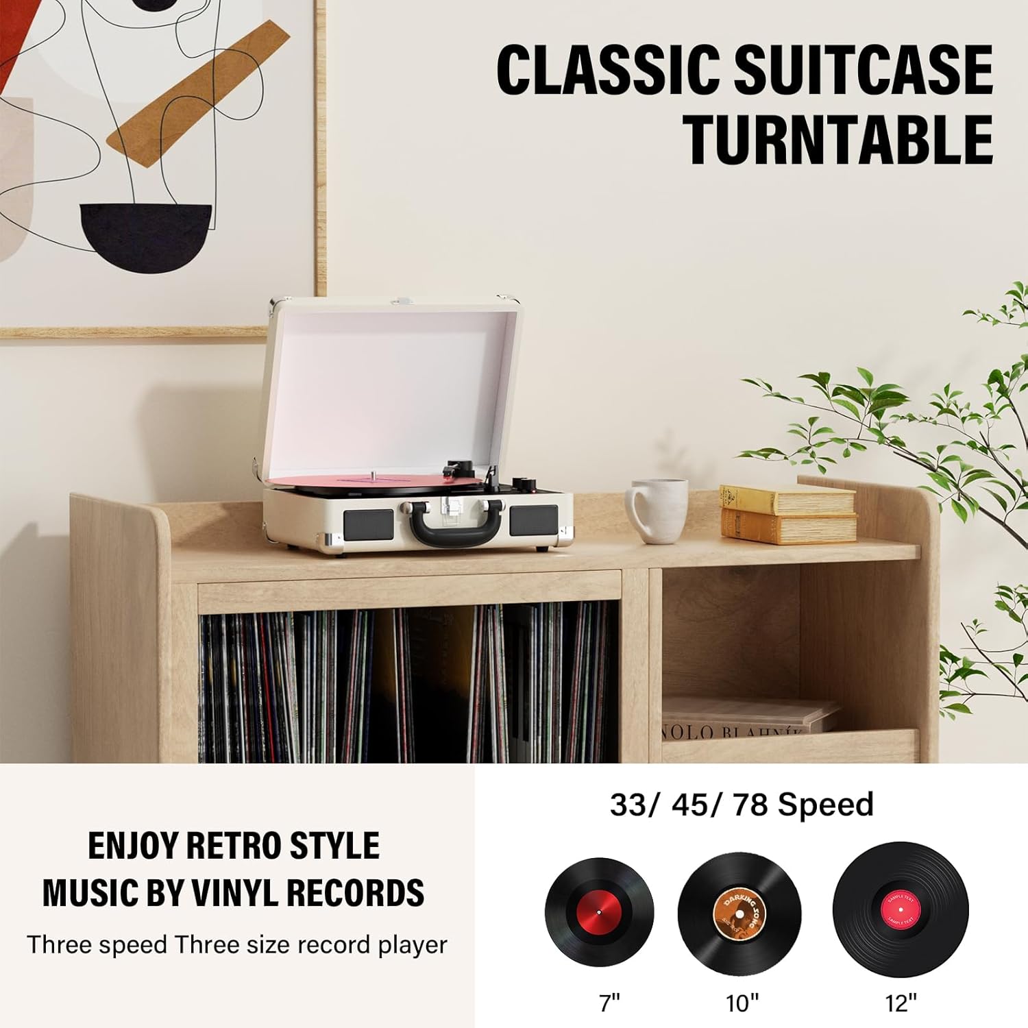Portable Bluetooth 3-Speed Vinyl Record Player with Built-In Speakers