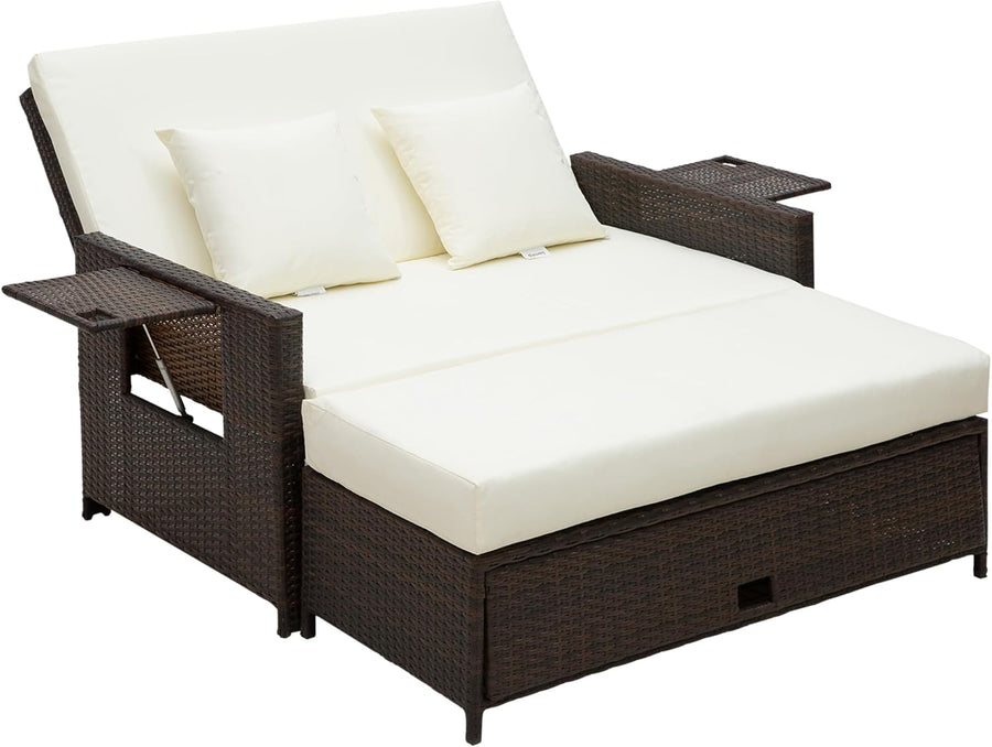Rattan Garden Daybed Double Sun Lounger Storage Brown