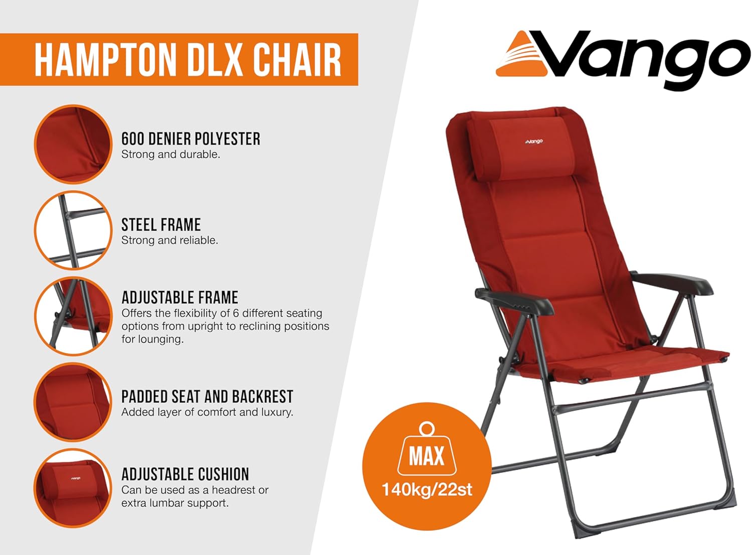 Black Reclining Camping Chair 7 Position Padded Lounger Seat