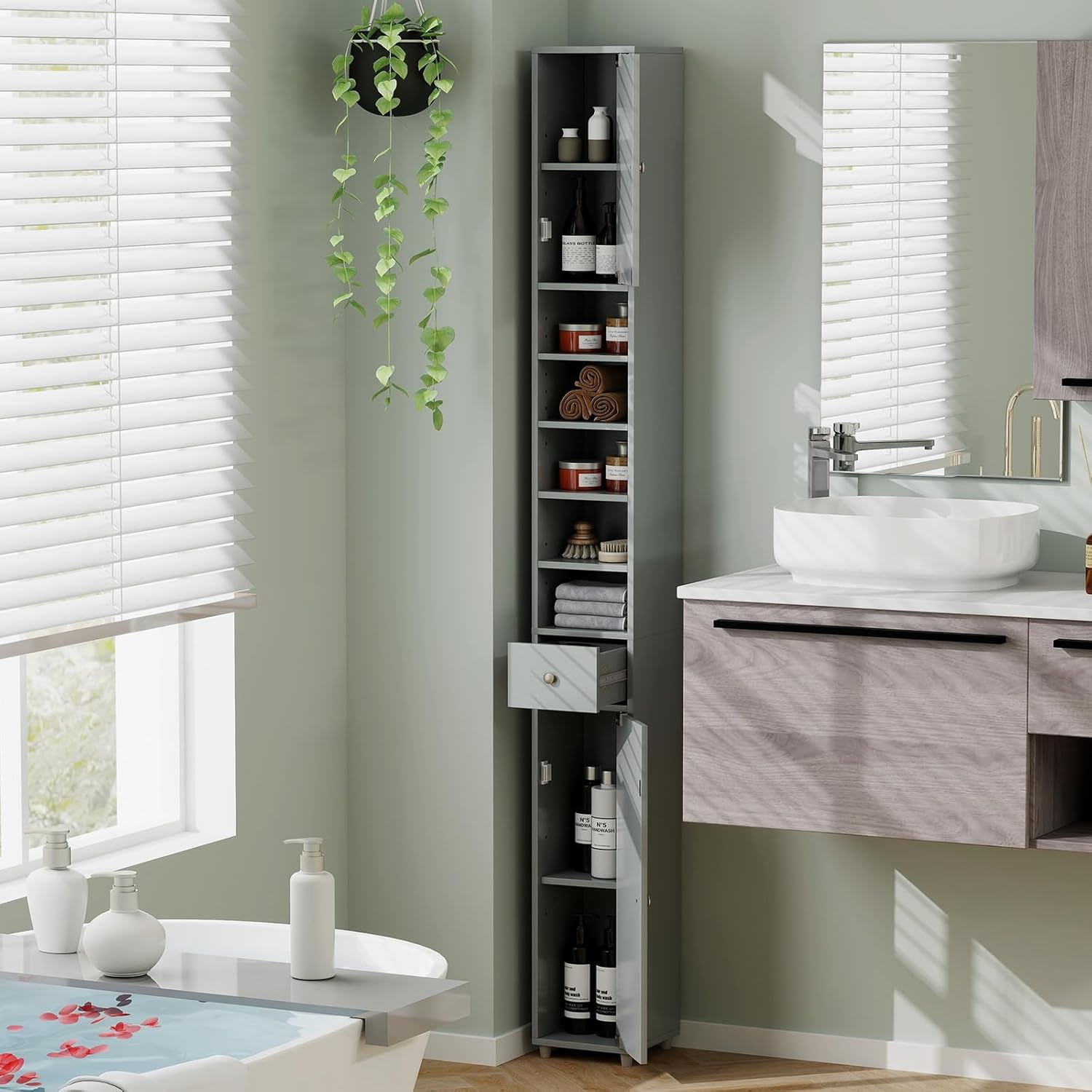 Tall Slim Bathroom Storage Cabinet Drawer Adjustable Shelves Grey