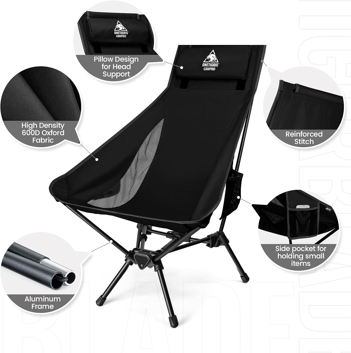 High Back Camping Chair with Pillow 150kg Black