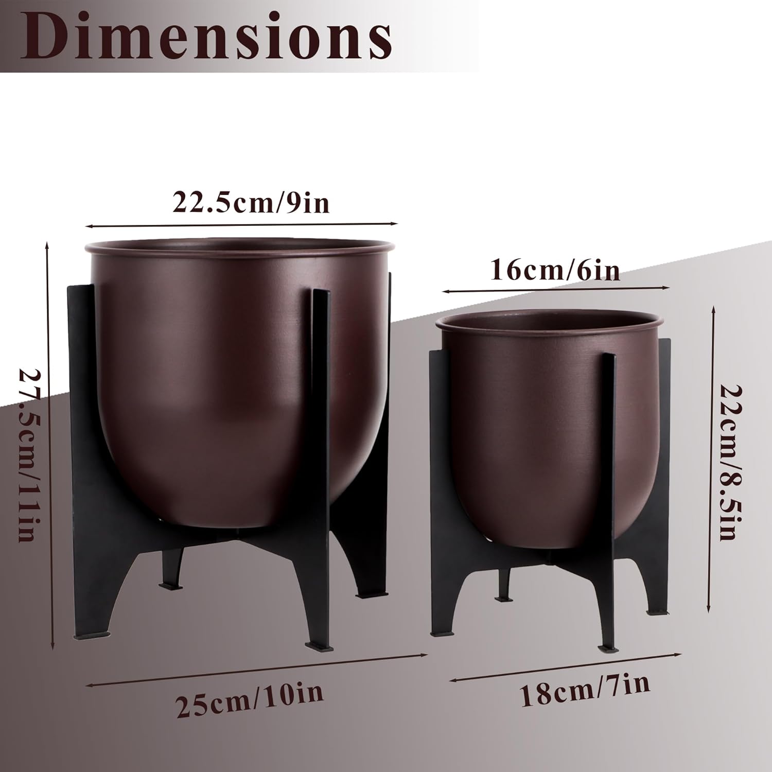 Metal Planters with Stand Set of 2 Brown Indoor Outdoor Pots