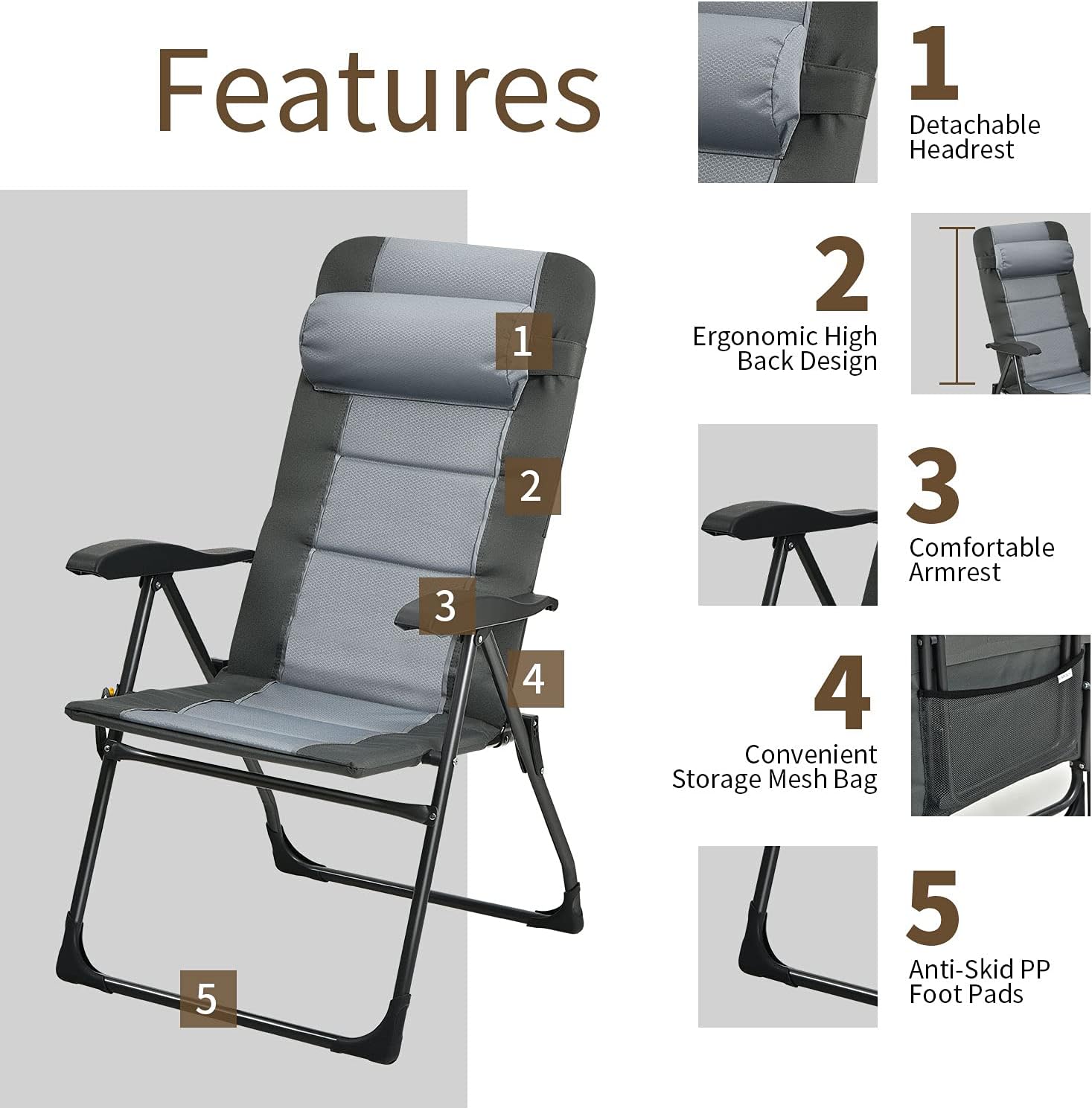 Set of 2 Reclining Camping Chairs with Footrests