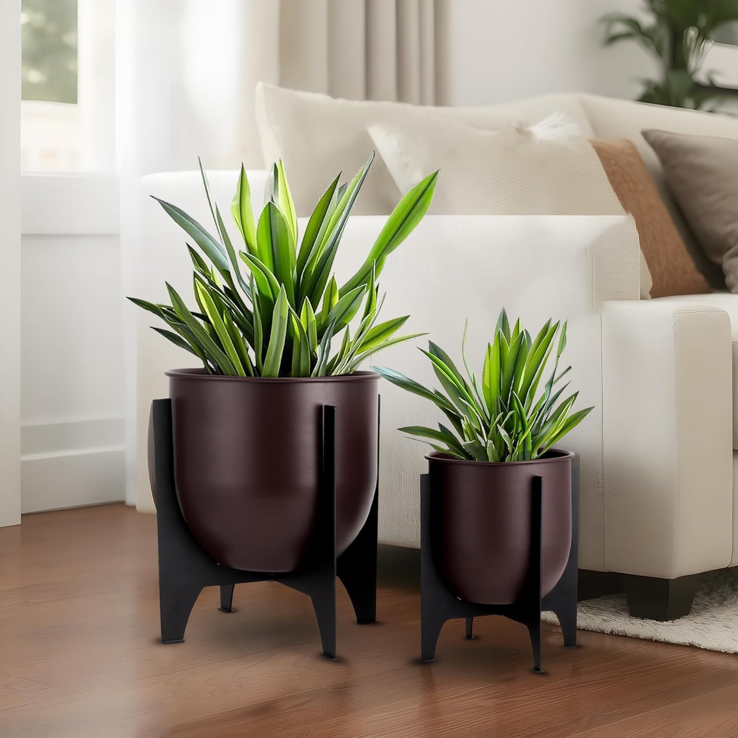 Metal Planters with Stand Set of 2 Brown Indoor Outdoor Pots