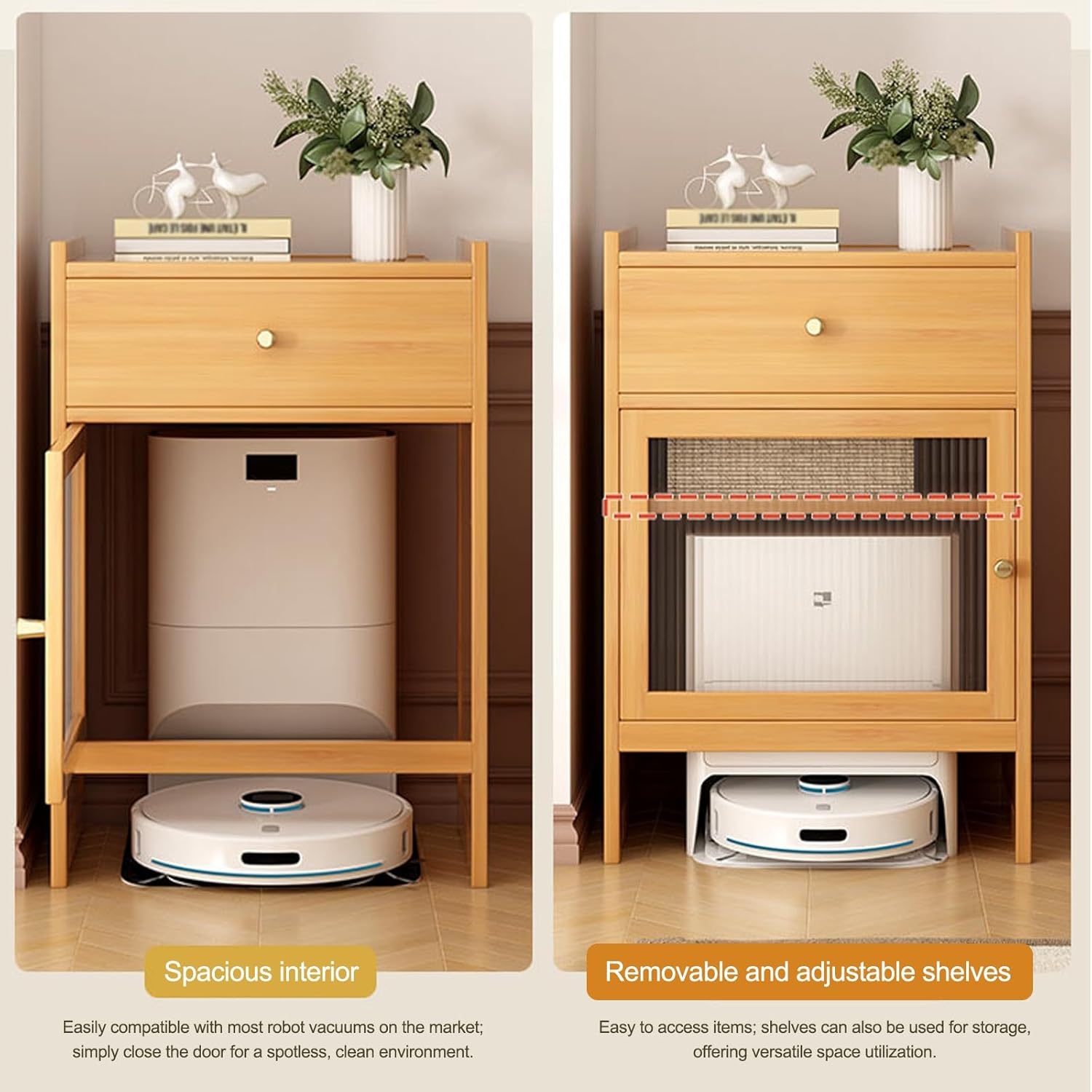 Robot Vacuum Storage Cabinet Bamboo Side Table Glass Door Drawer