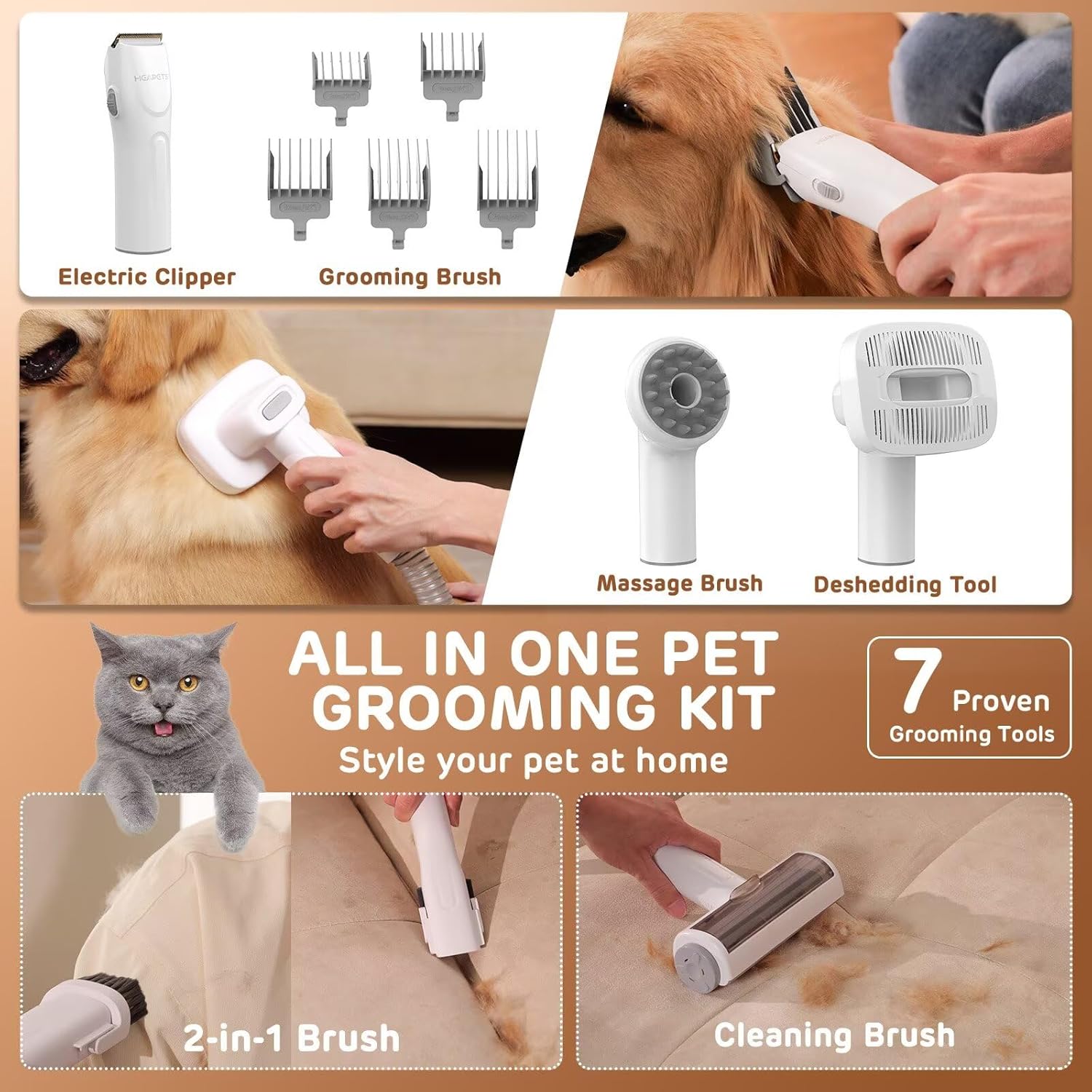Dog Grooming Vacuum 3L 7 Tool Low Noise Clipper Green